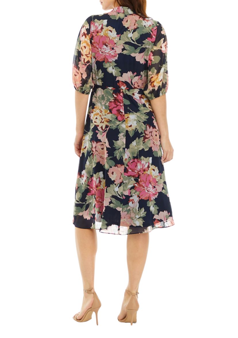Womens 3/4 Sleeve V-Neck Floral Print Chiffon Dress