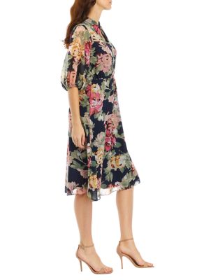 Women's 3/4 Sleeve V-Neck Floral Print Chiffon Dress
