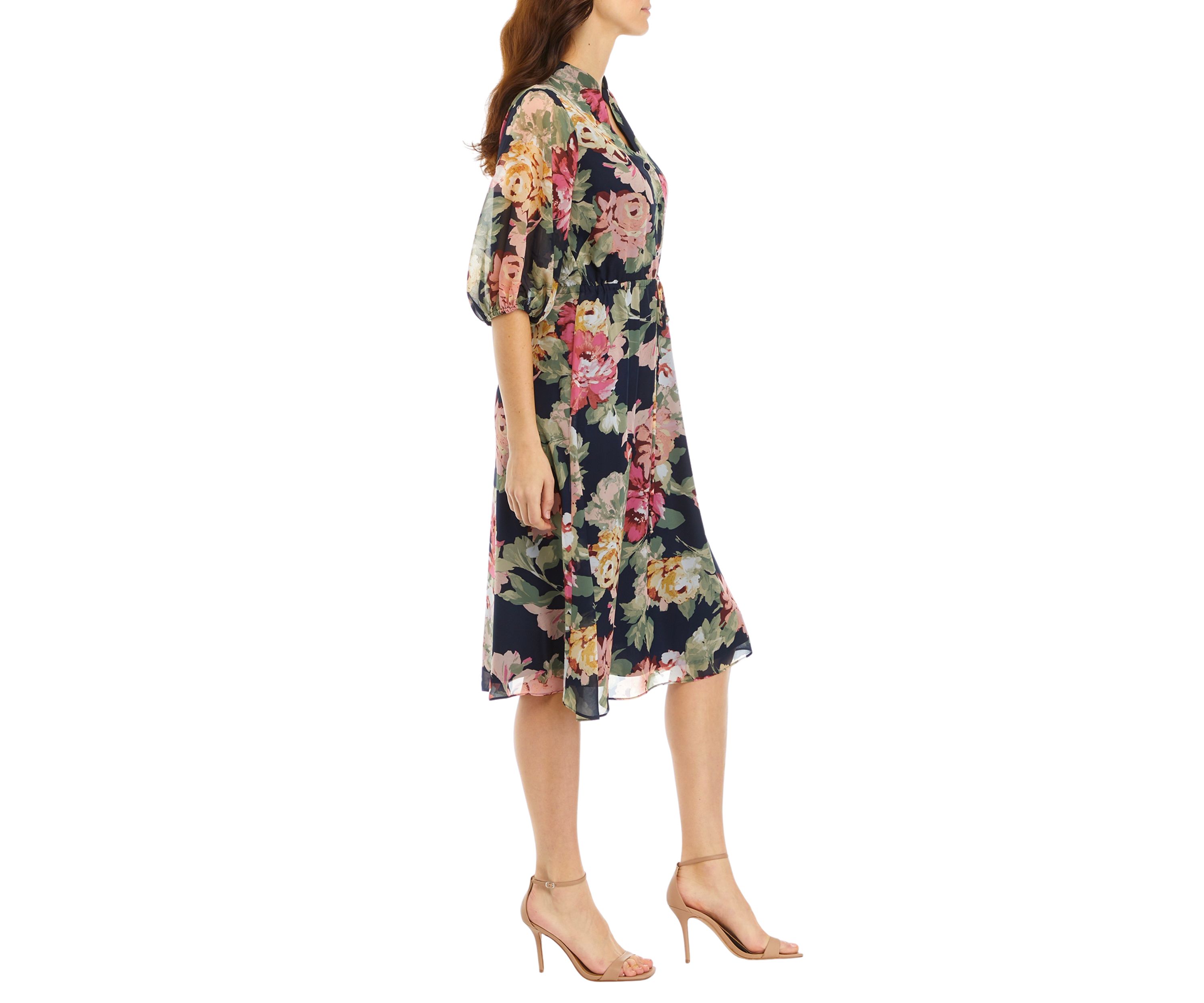 Womens 3/4 Sleeve V-Neck Floral Print Chiffon Dress