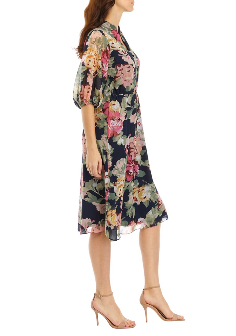 Womens 3/4 Sleeve V-Neck Floral Print Chiffon Dress