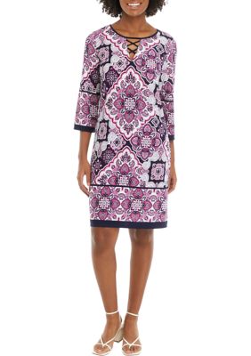 Women's 3/4 Sleeve Lace Neck Medallion Print Sheath Dress