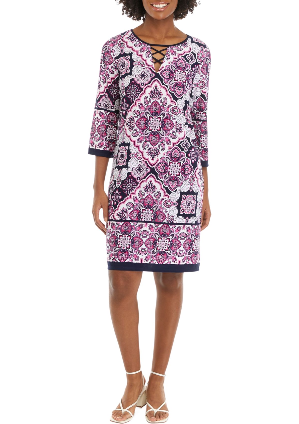 Womens 3/4 Sleeve Lace Neck Medallion Print Sheath Dress