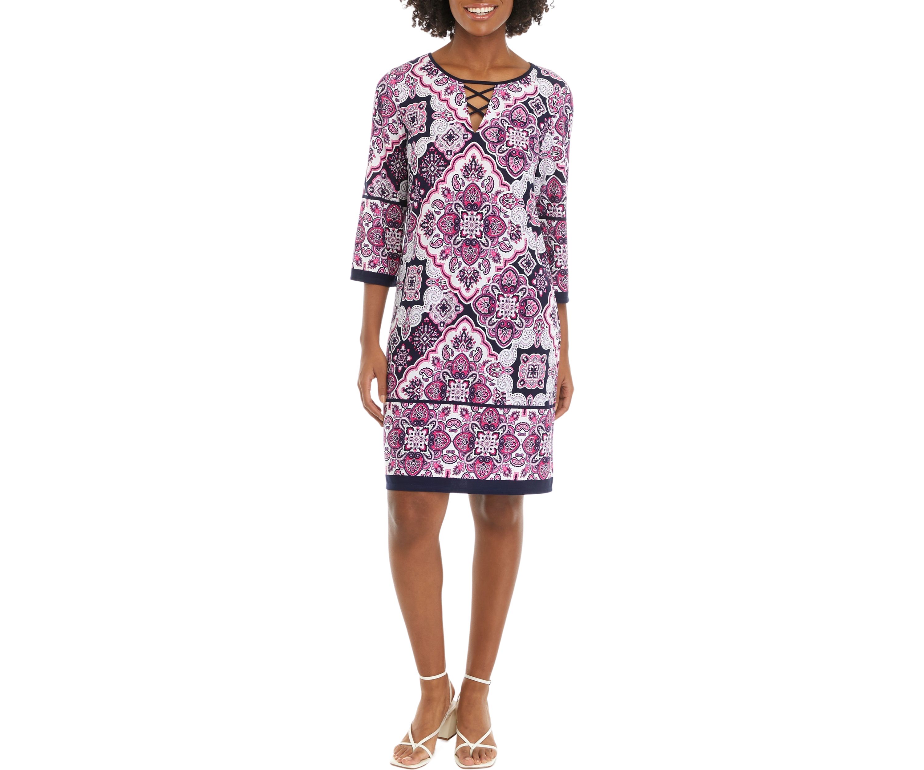 Womens 3/4 Sleeve Lace Neck Medallion Print Sheath Dress
