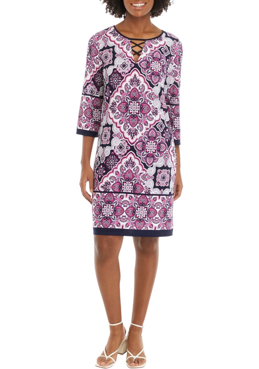Womens 3/4 Sleeve Lace Neck Medallion Print Sheath Dress