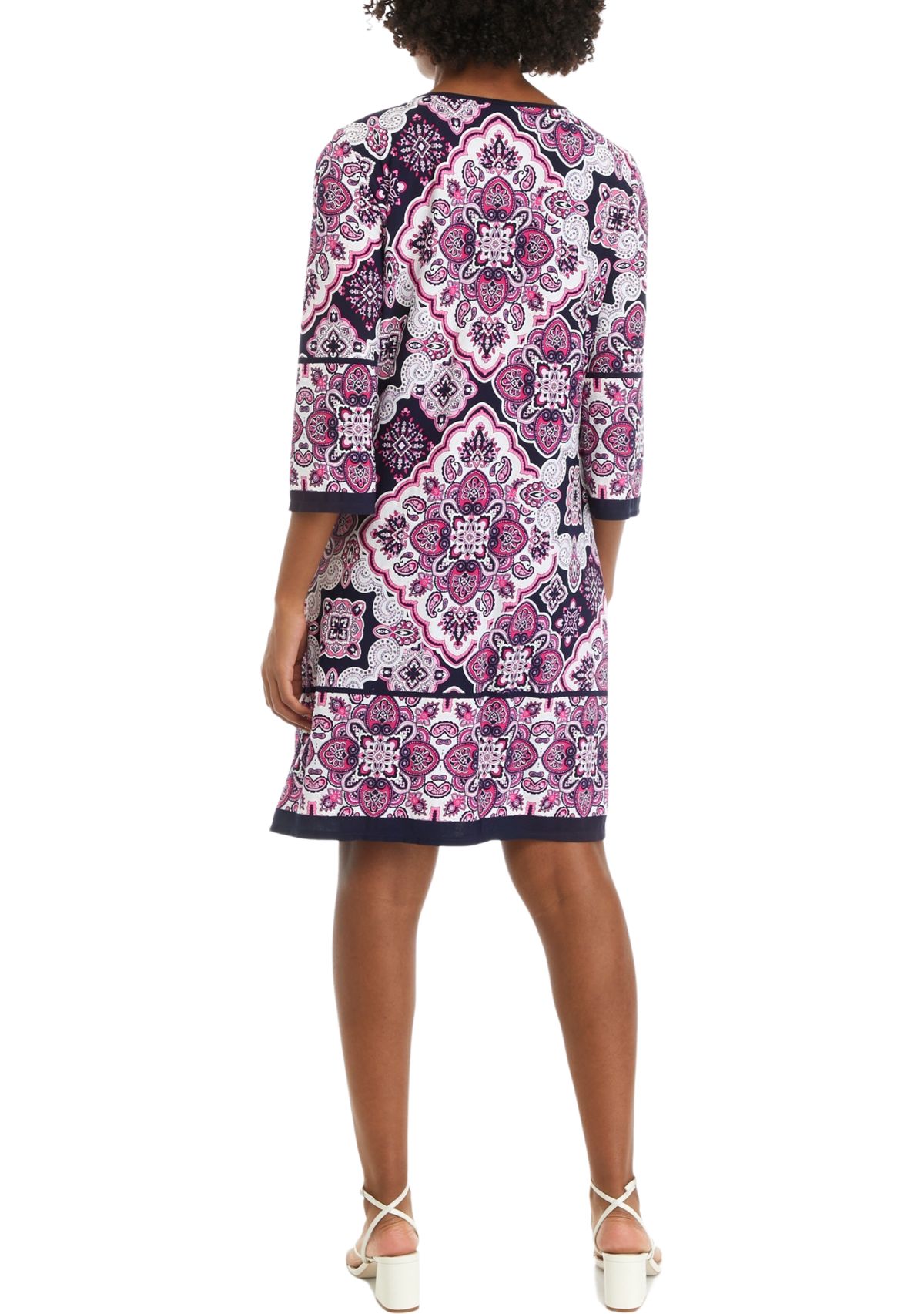 Womens 3/4 Sleeve Lace Neck Medallion Print Sheath Dress
