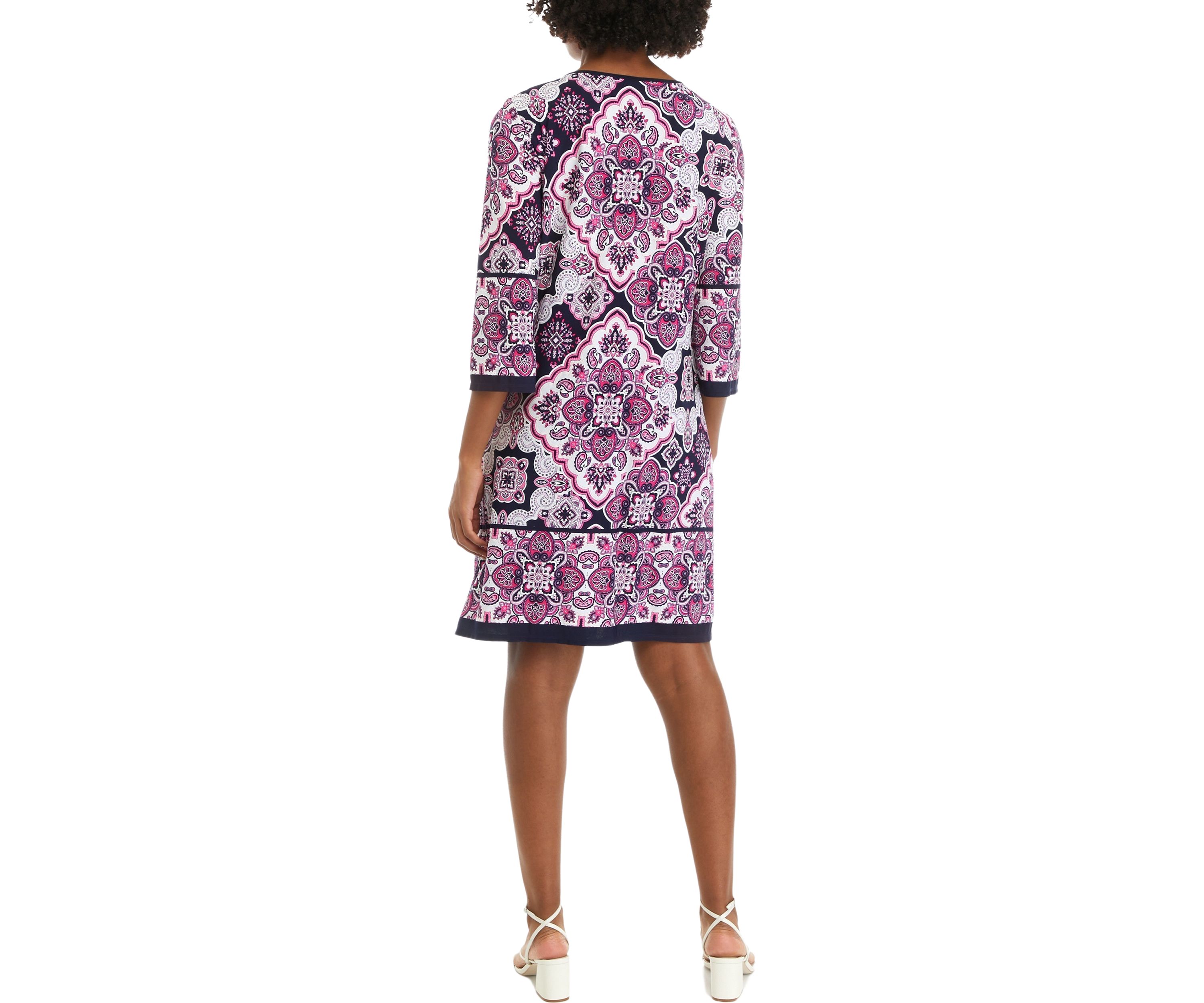 Womens 3/4 Sleeve Lace Neck Medallion Print Sheath Dress