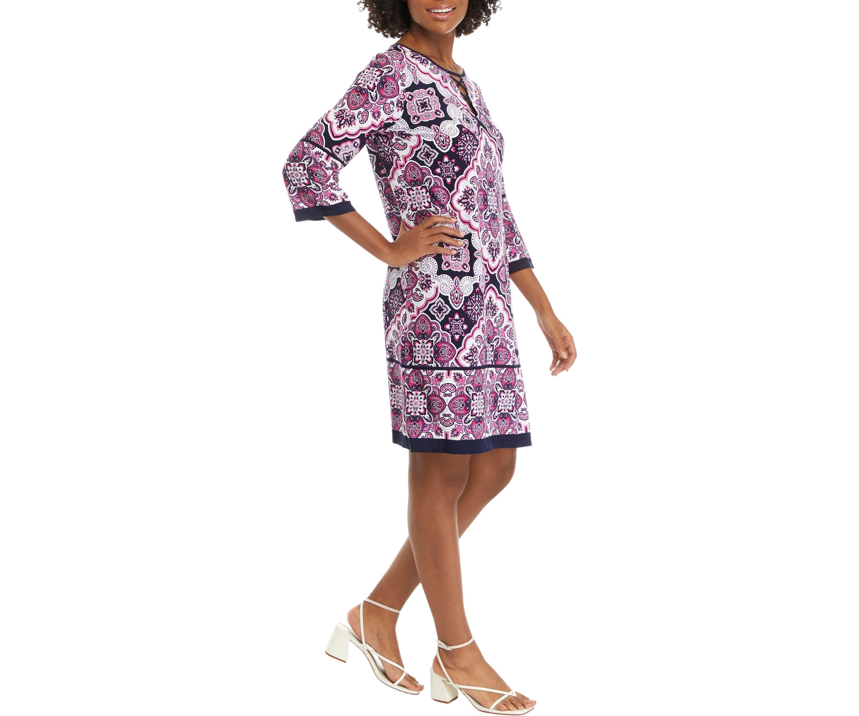 Womens 3/4 Sleeve Lace Neck Medallion Print Sheath Dress