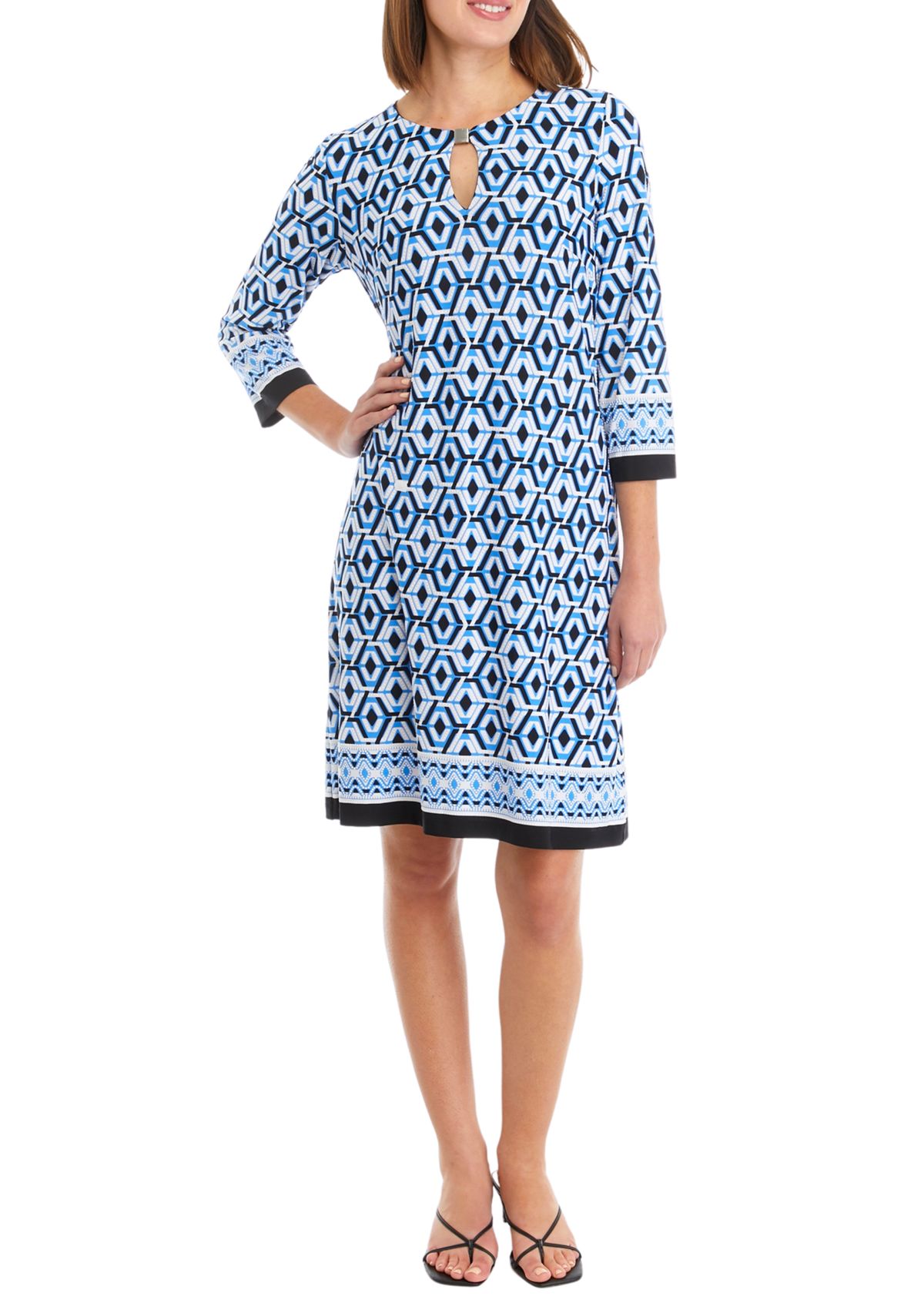 Womens 3/4 Sleeve Geometric Print Shift Dress