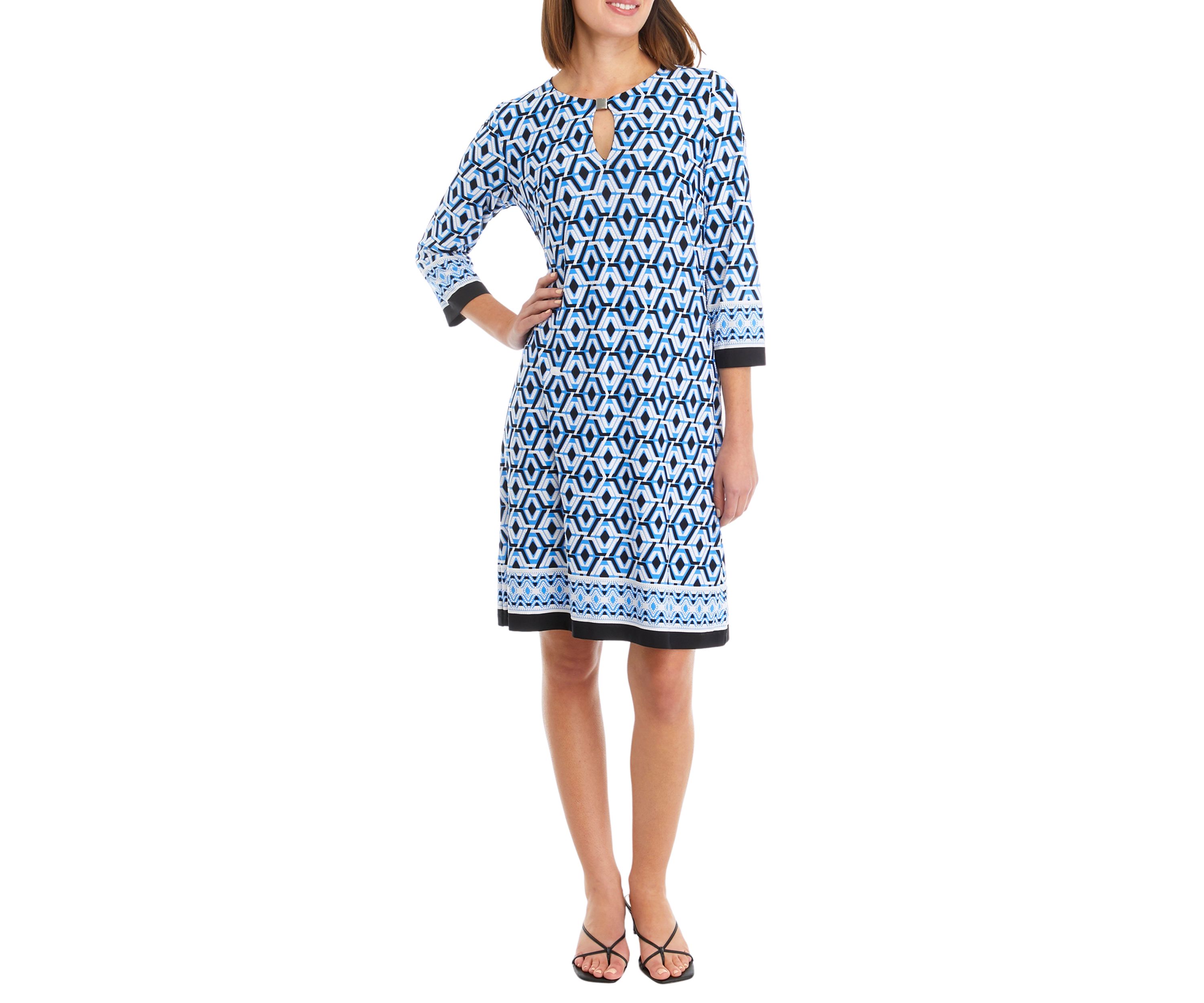 Womens 3/4 Sleeve Geometric Print Shift Dress
