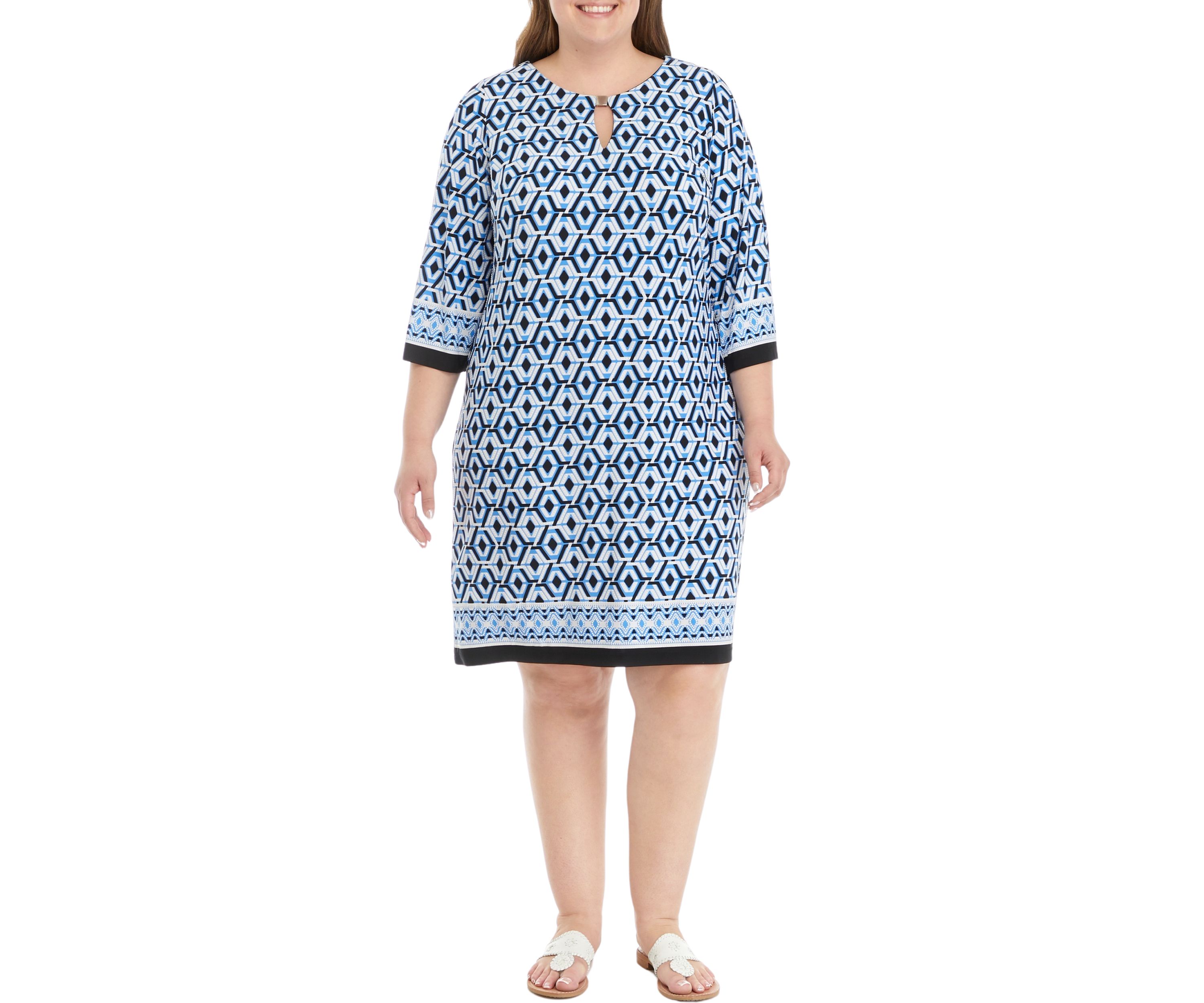 Womens 3/4 Sleeve Geometric Print A-Line Dres