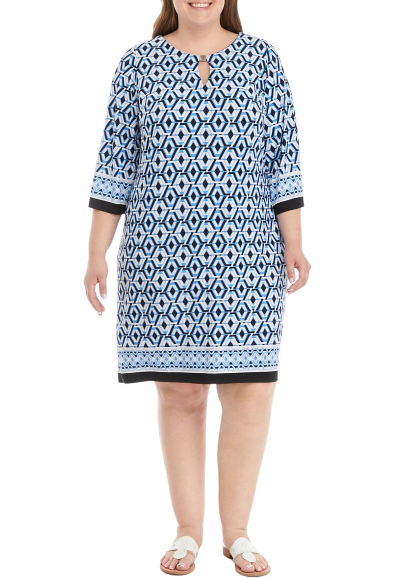 Womens 3/4 Sleeve Geometric Print A-Line Dres