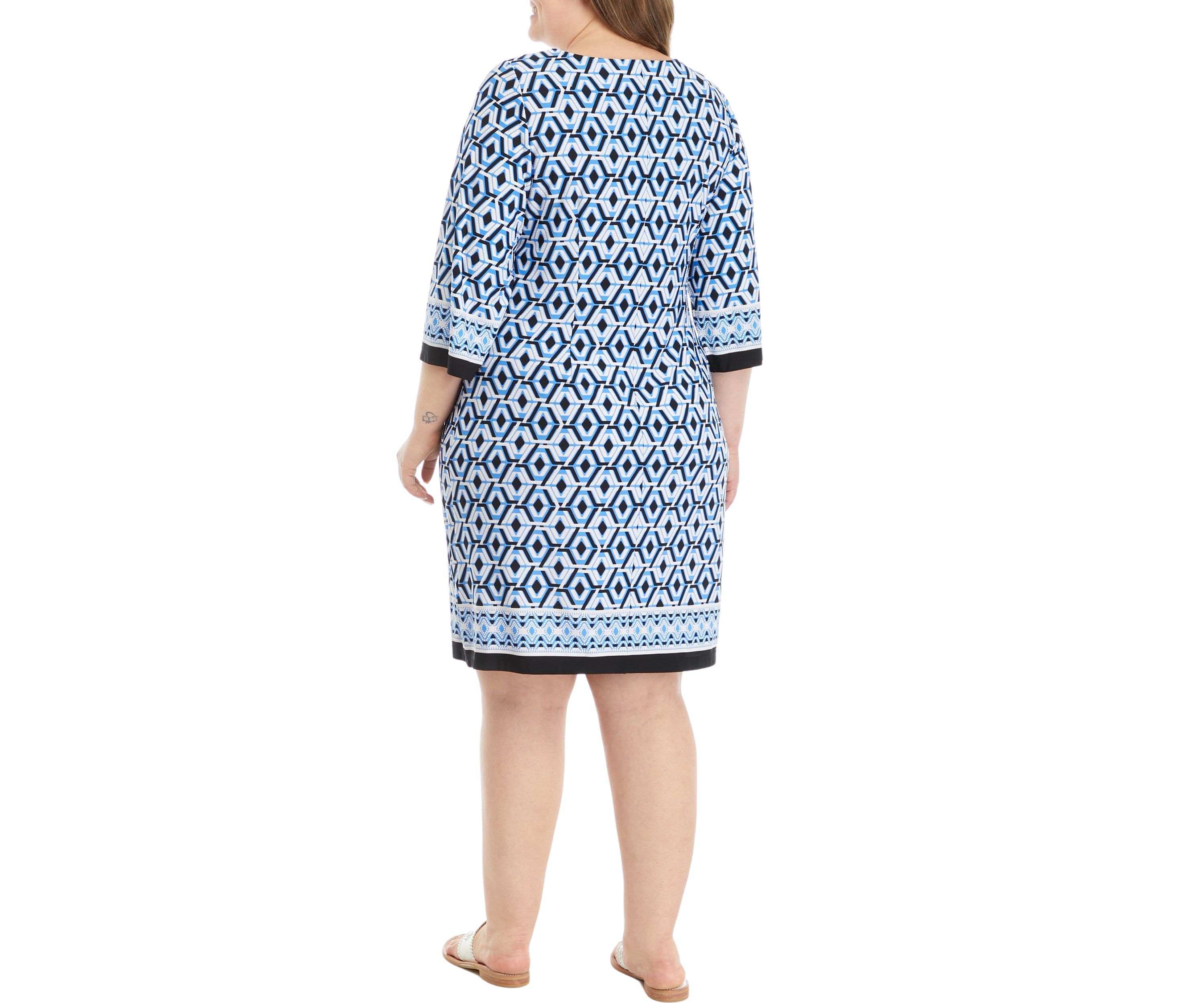 Womens 3/4 Sleeve Geometric Print A-Line Dres