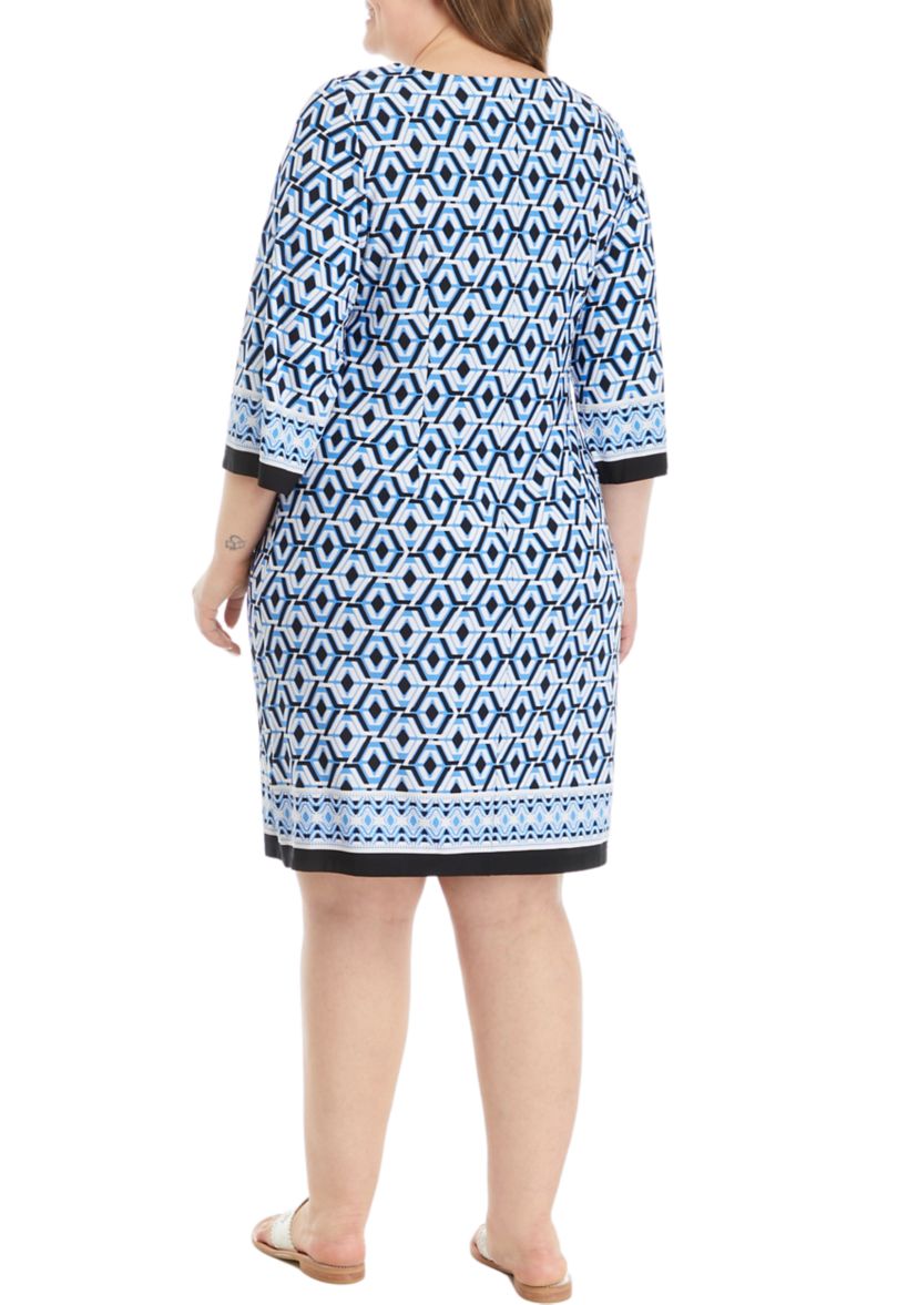 Womens 3/4 Sleeve Geometric Print A-Line Dres