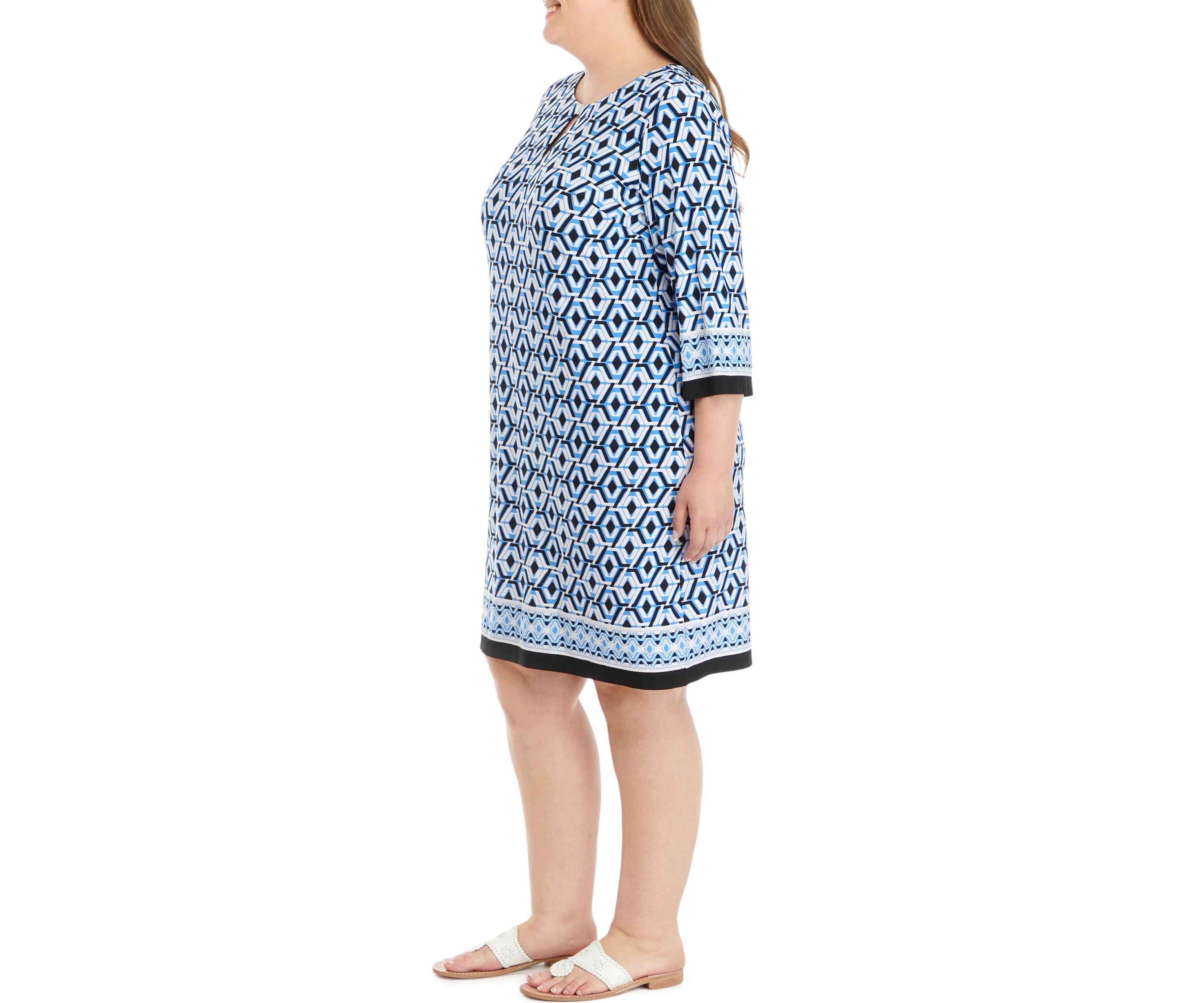 Womens 3/4 Sleeve Geometric Print A-Line Dres
