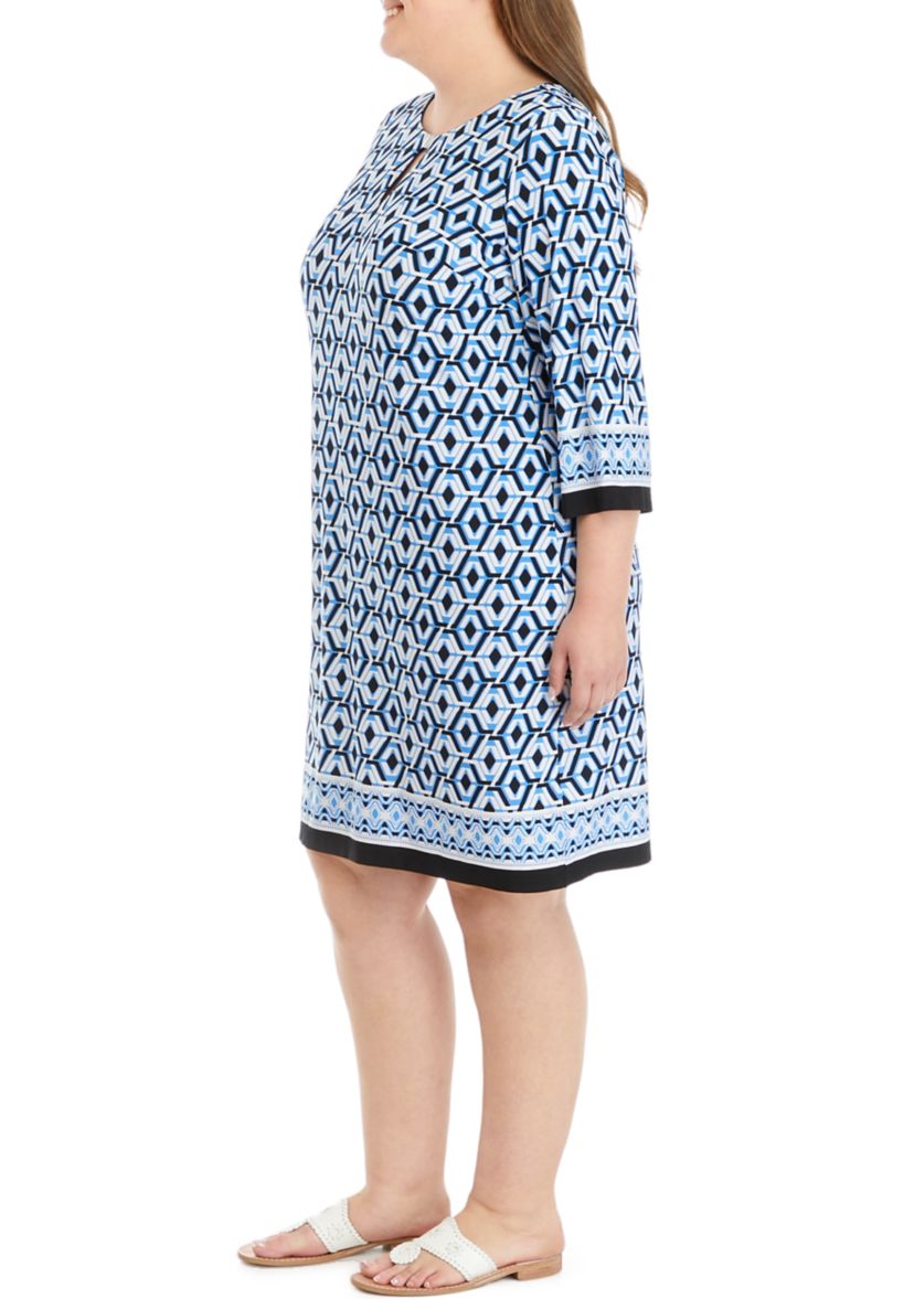 Womens 3/4 Sleeve Geometric Print A-Line Dres