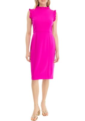 Women's Solid Ruffle Neck Scuba Sheath Crepe Dress