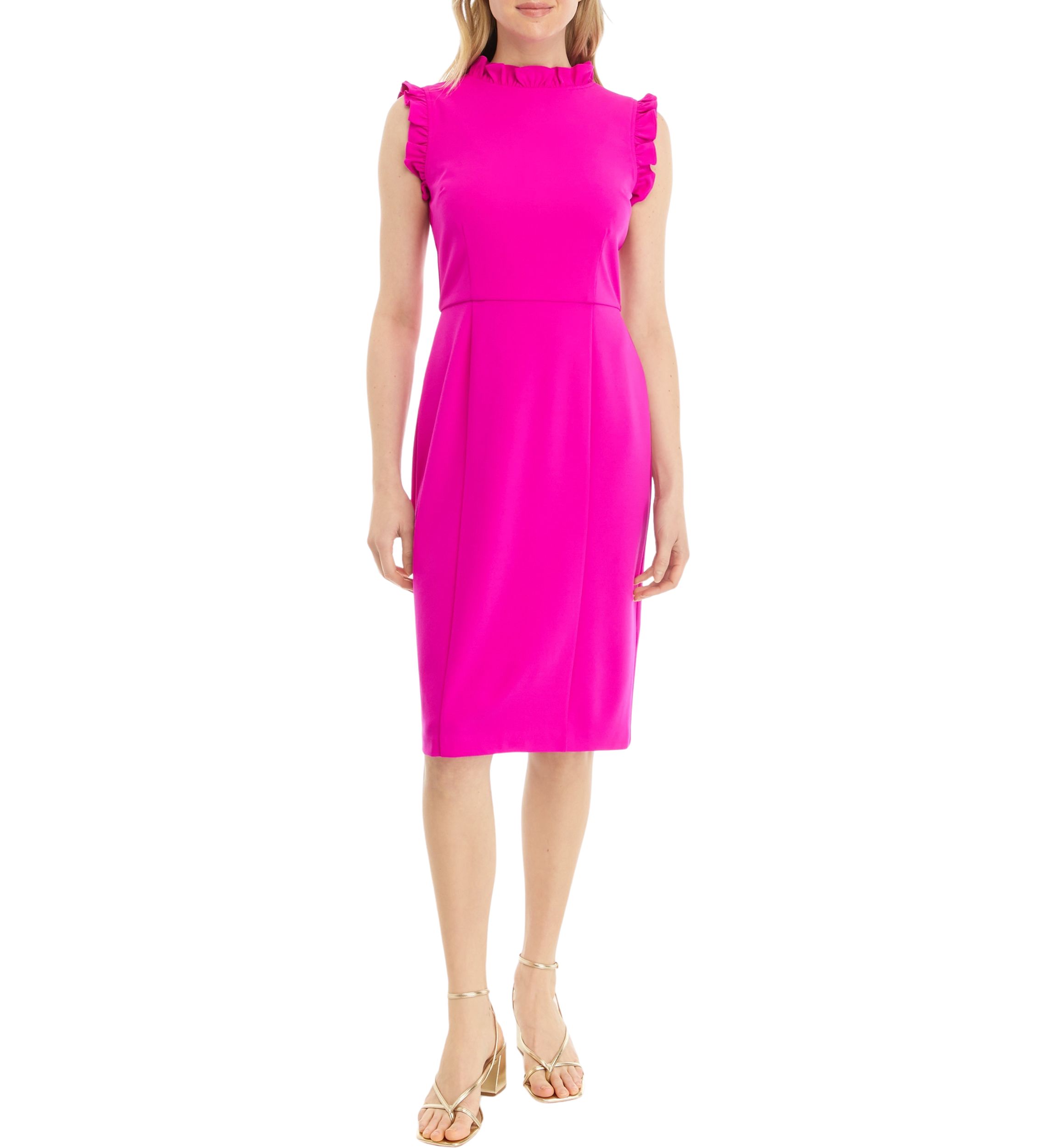 Womens Solid Ruffle Neck Scuba Sheath Crepe Dress