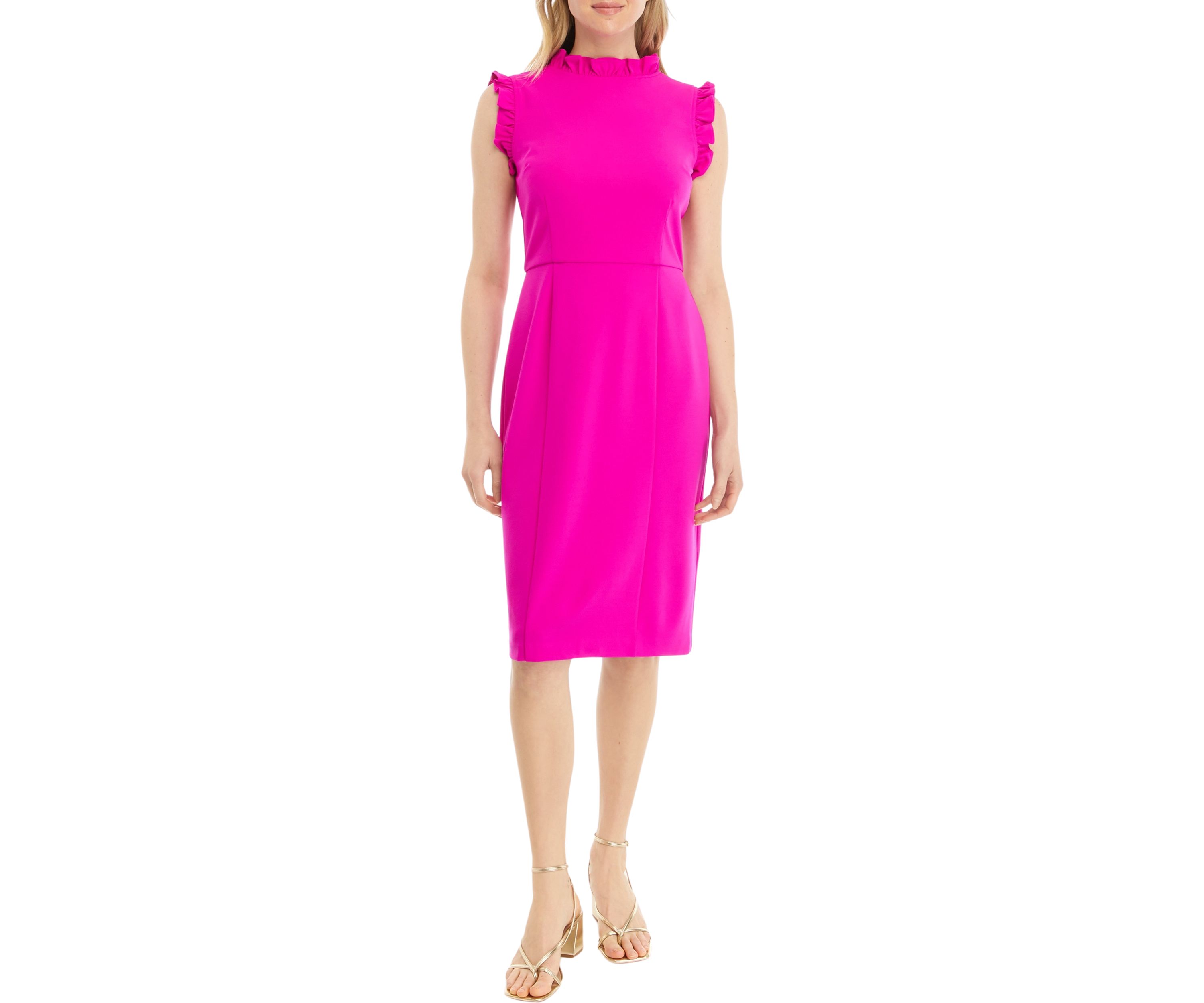 Womens Solid Ruffle Neck Scuba Sheath Crepe Dress