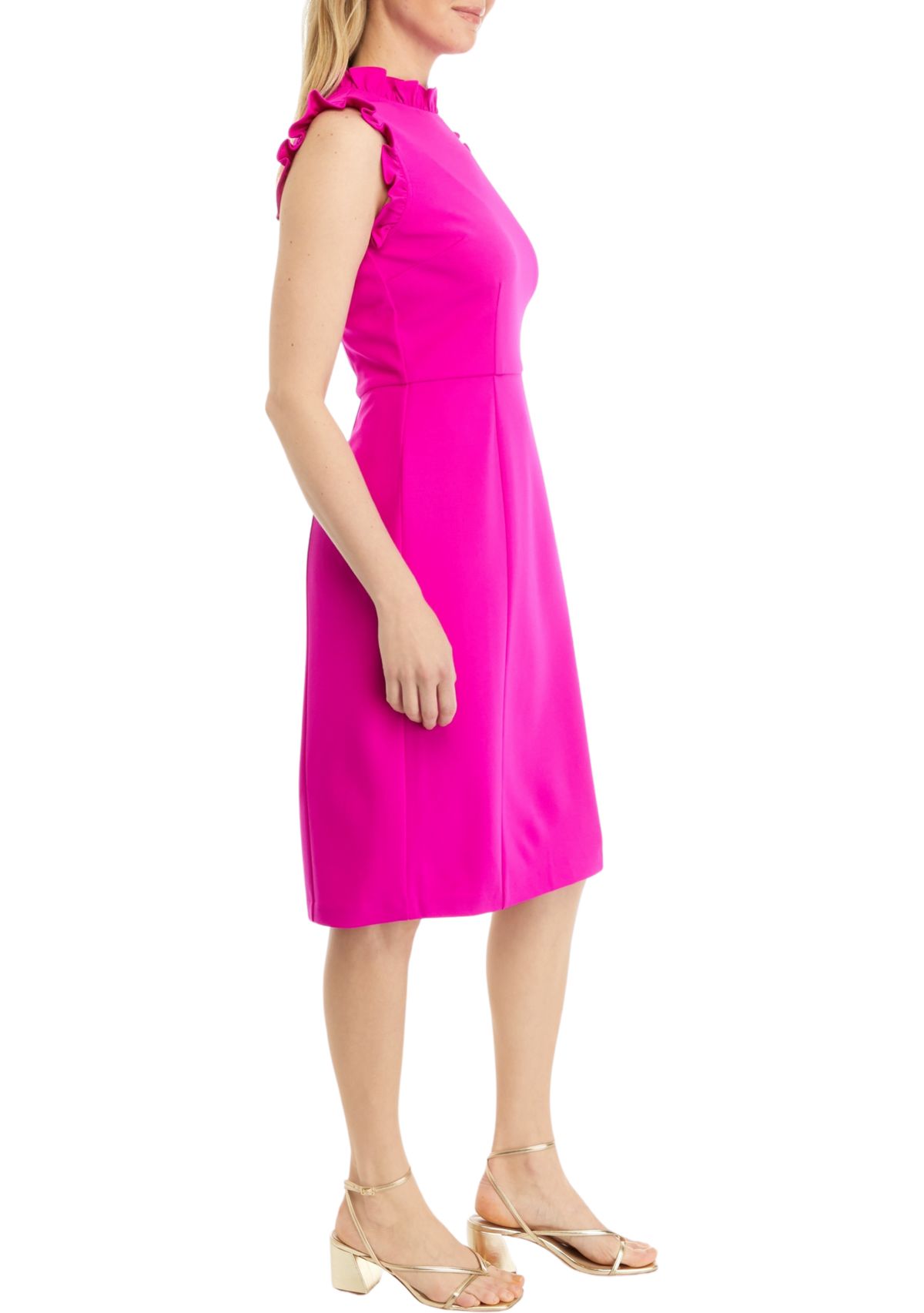 Womens Solid Ruffle Neck Scuba Sheath Crepe Dress