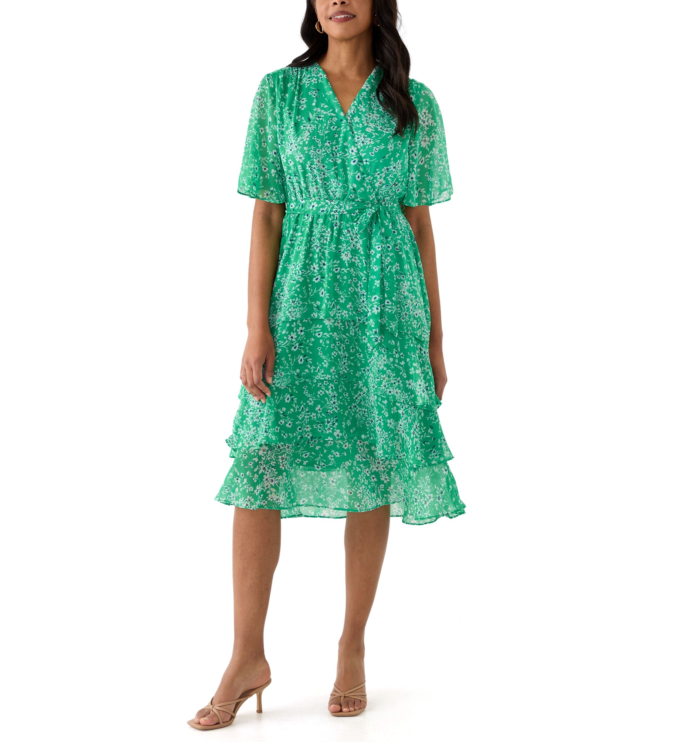 Womens Short Sleeve V-Neck Ditsy Floral Print Dress