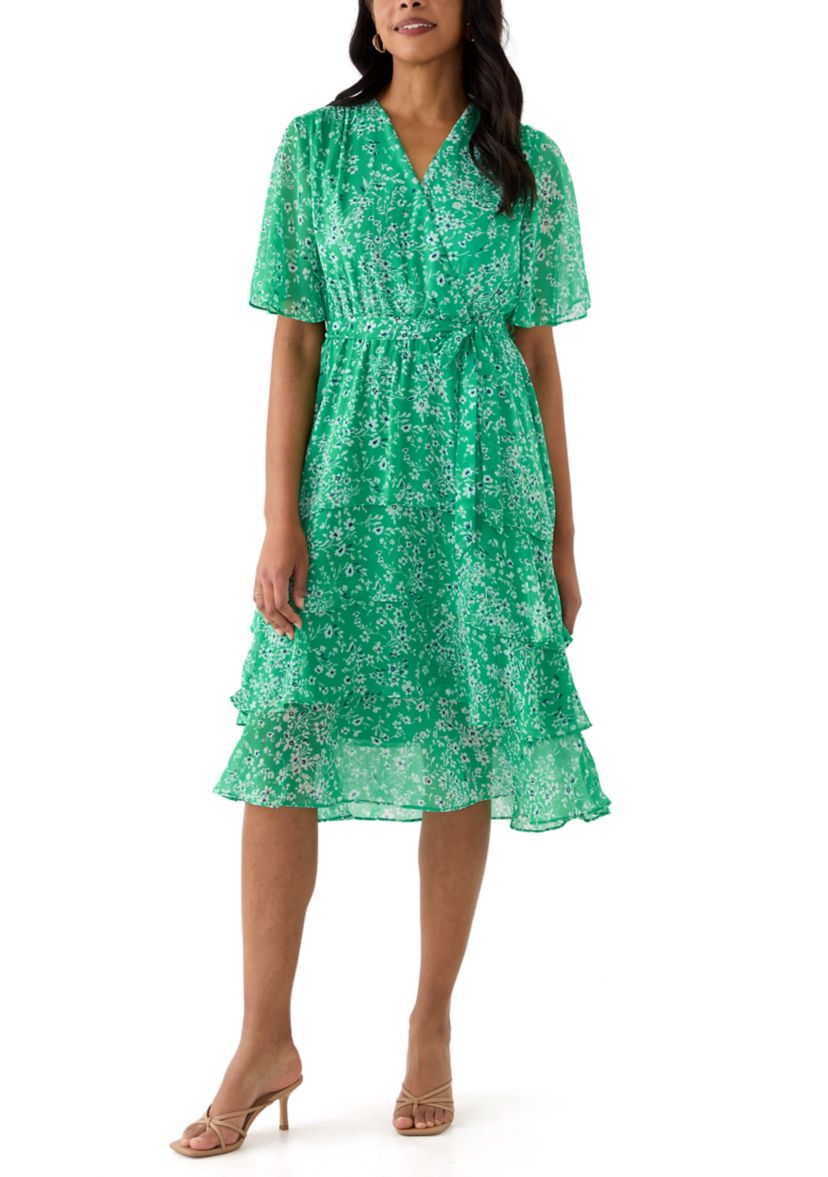 Womens Short Sleeve V-Neck Ditsy Floral Print Dress