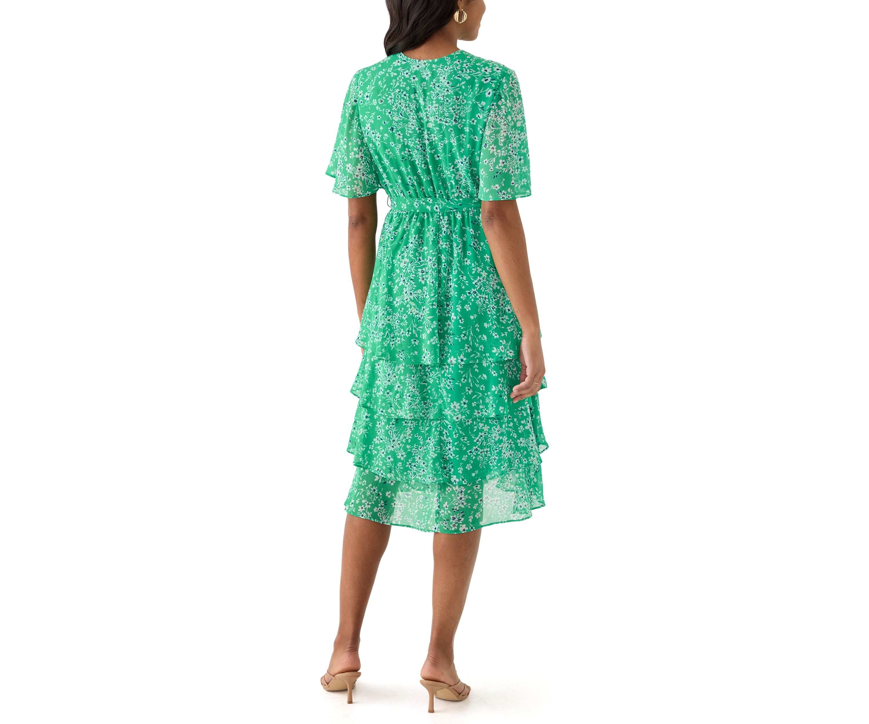 Womens Short Sleeve V-Neck Ditsy Floral Print Dress