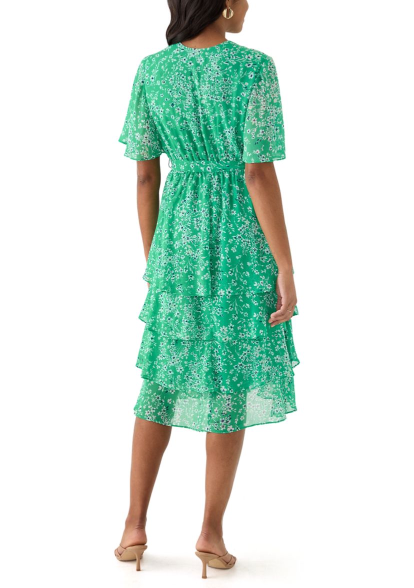 Womens Short Sleeve V-Neck Ditsy Floral Print Dress