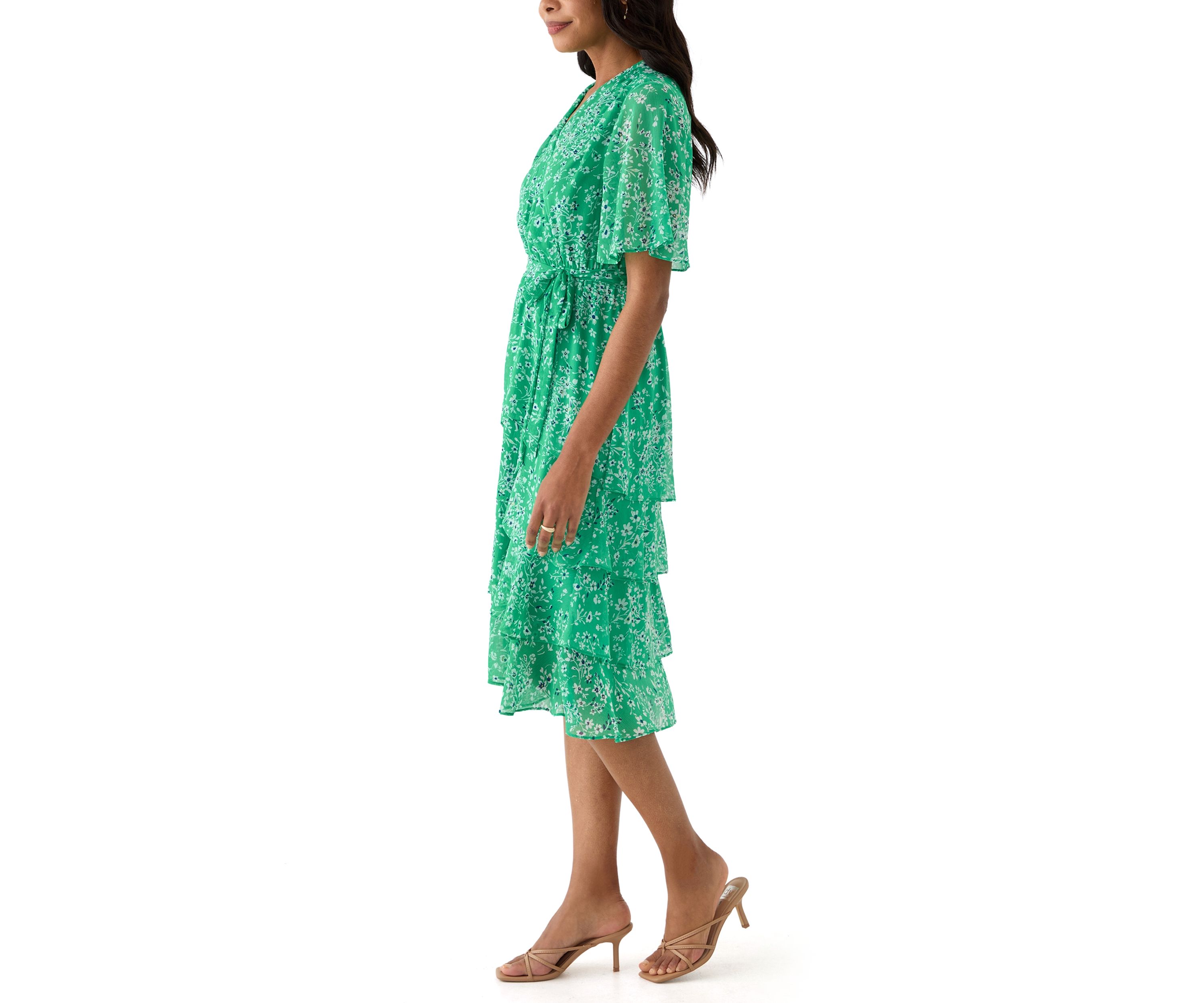 Womens Short Sleeve V-Neck Ditsy Floral Print Dress