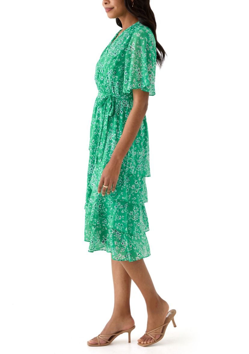 Womens Short Sleeve V-Neck Ditsy Floral Print Dress