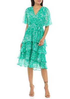 Women's Short Sleeve Surplice Ditsy Floral Print Chiffon Midi Dress