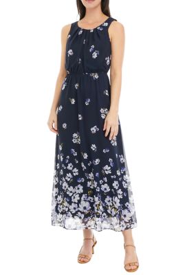 Women's Sleeveless Pleat Neck Ombré Floral Print Chiffon Maxi Dress