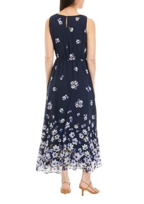Women's Sleeveless Pleat Neck Ombré Floral Print Chiffon Maxi Dress