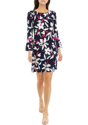 Women's Long Bell Sleeve Floral Print Sheath Dress