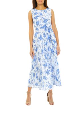 Women's Sleeveless Floral Print Chiffon Pleated Midi Dress