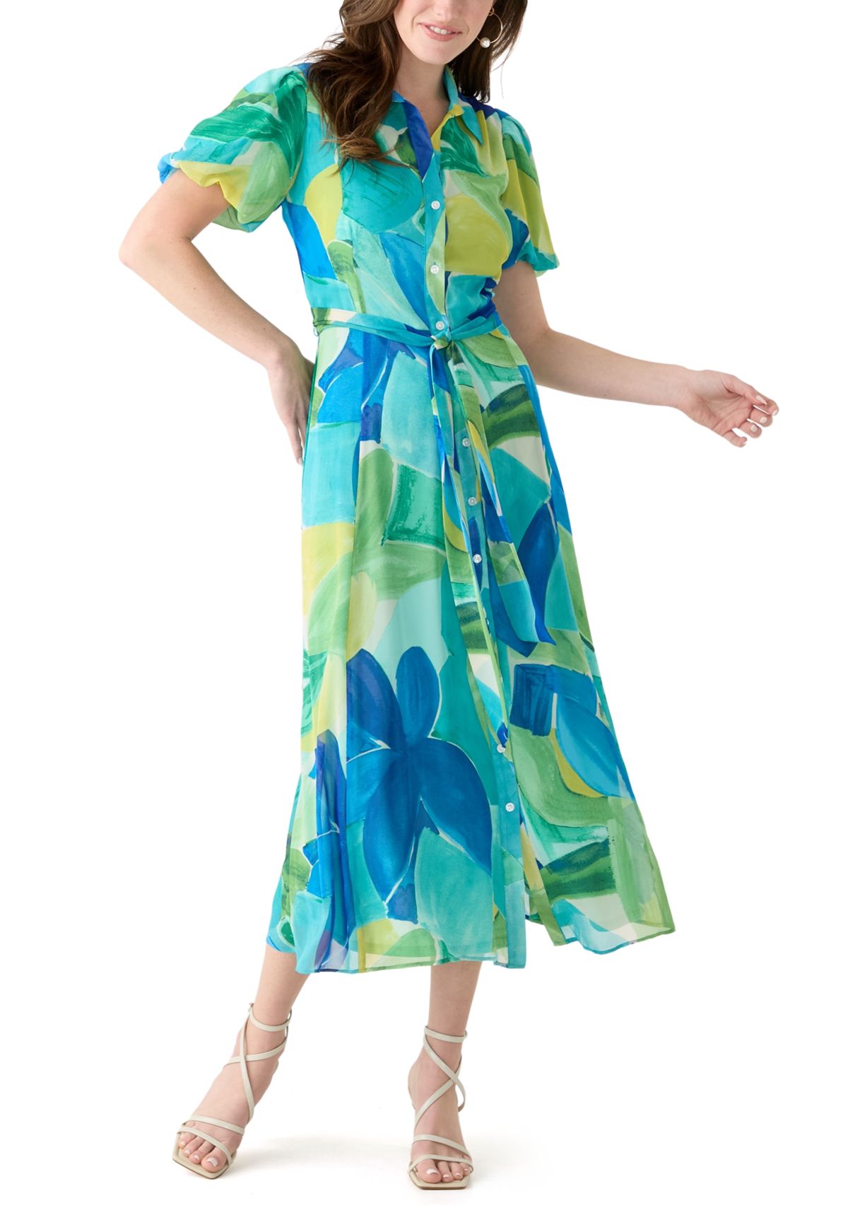 Womens Puff Sleeve Abstract Print Tie Waist Chiffon Fit and Flare Dress