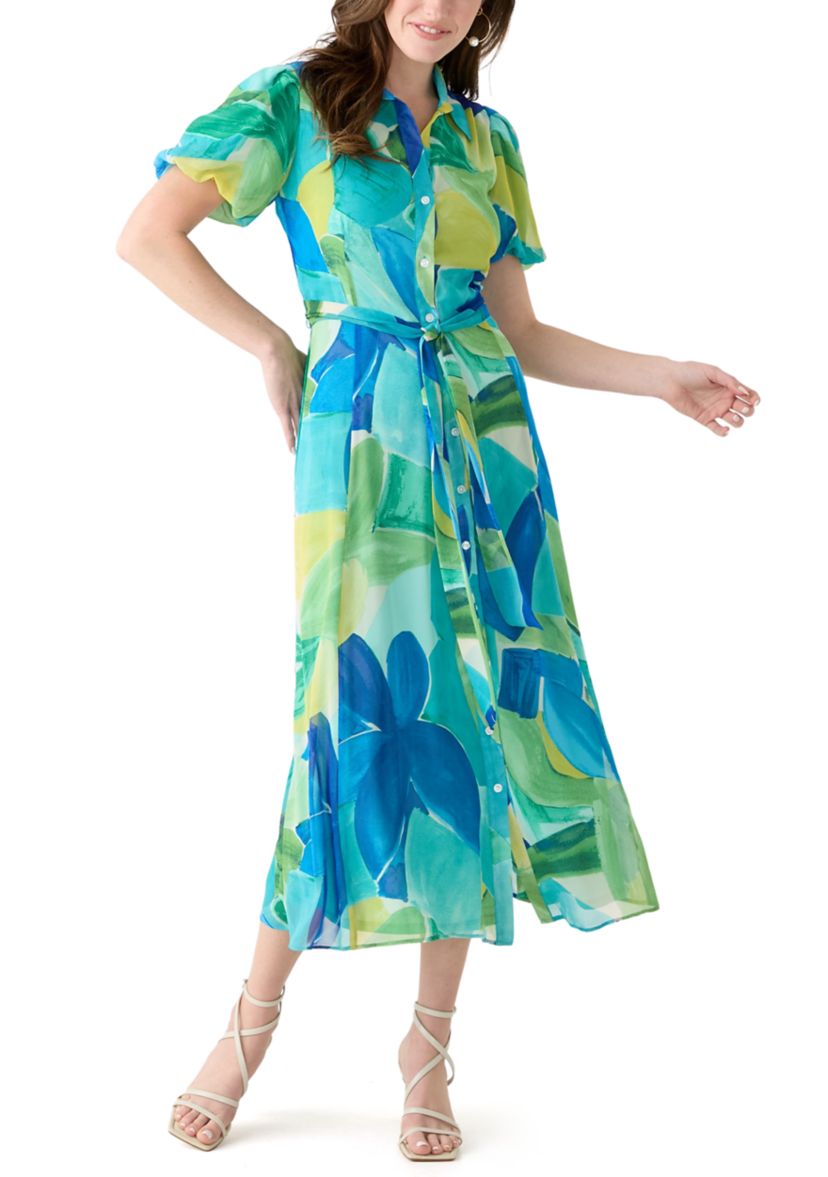 Womens Puff Sleeve Abstract Print Tie Waist Chiffon Fit and Flare Dress