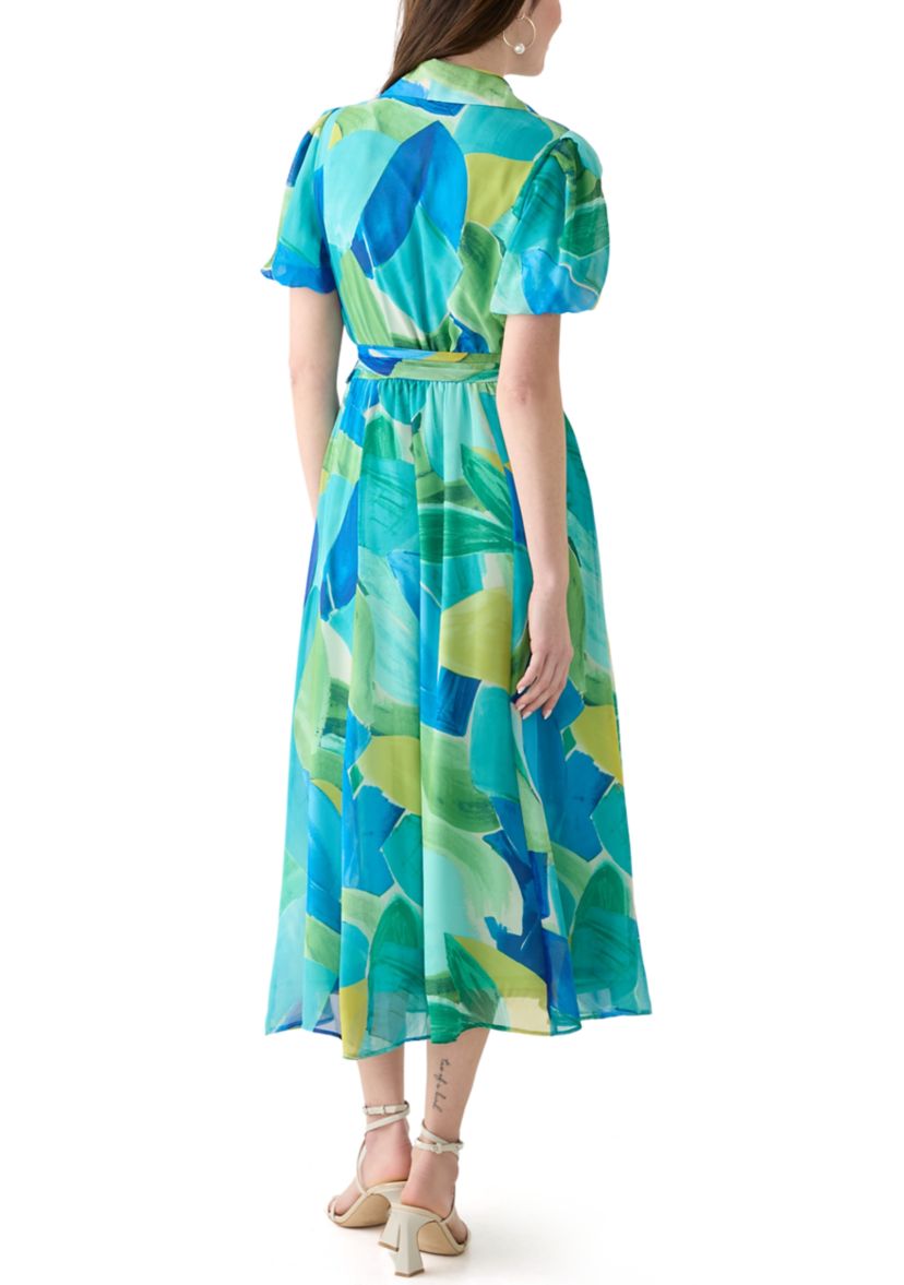 Womens Puff Sleeve Abstract Print Tie Waist Chiffon Fit and Flare Dress