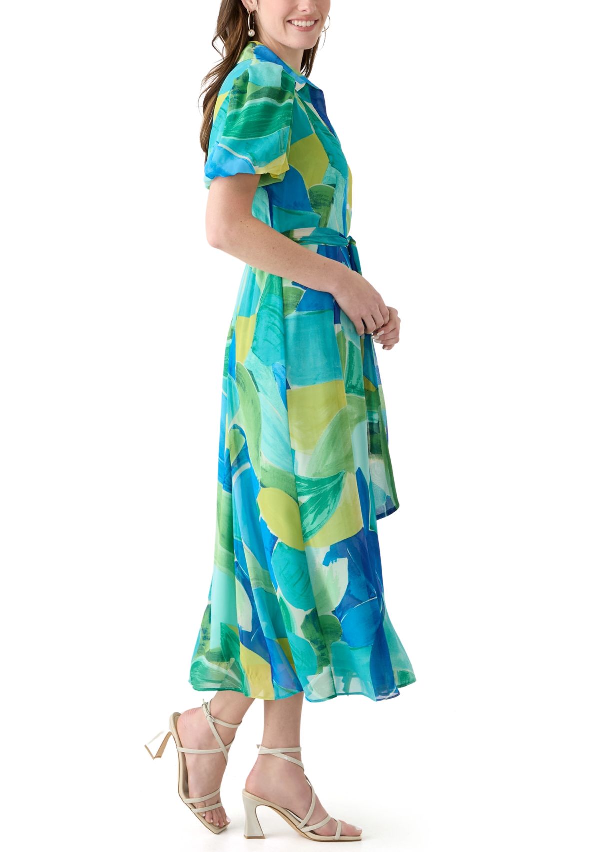 Womens Puff Sleeve Abstract Print Tie Waist Chiffon Fit and Flare Dress