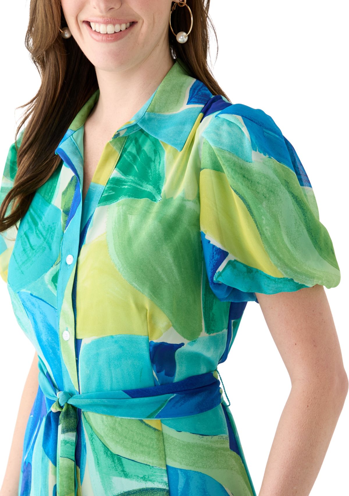 Womens Puff Sleeve Abstract Print Tie Waist Chiffon Fit and Flare Dress