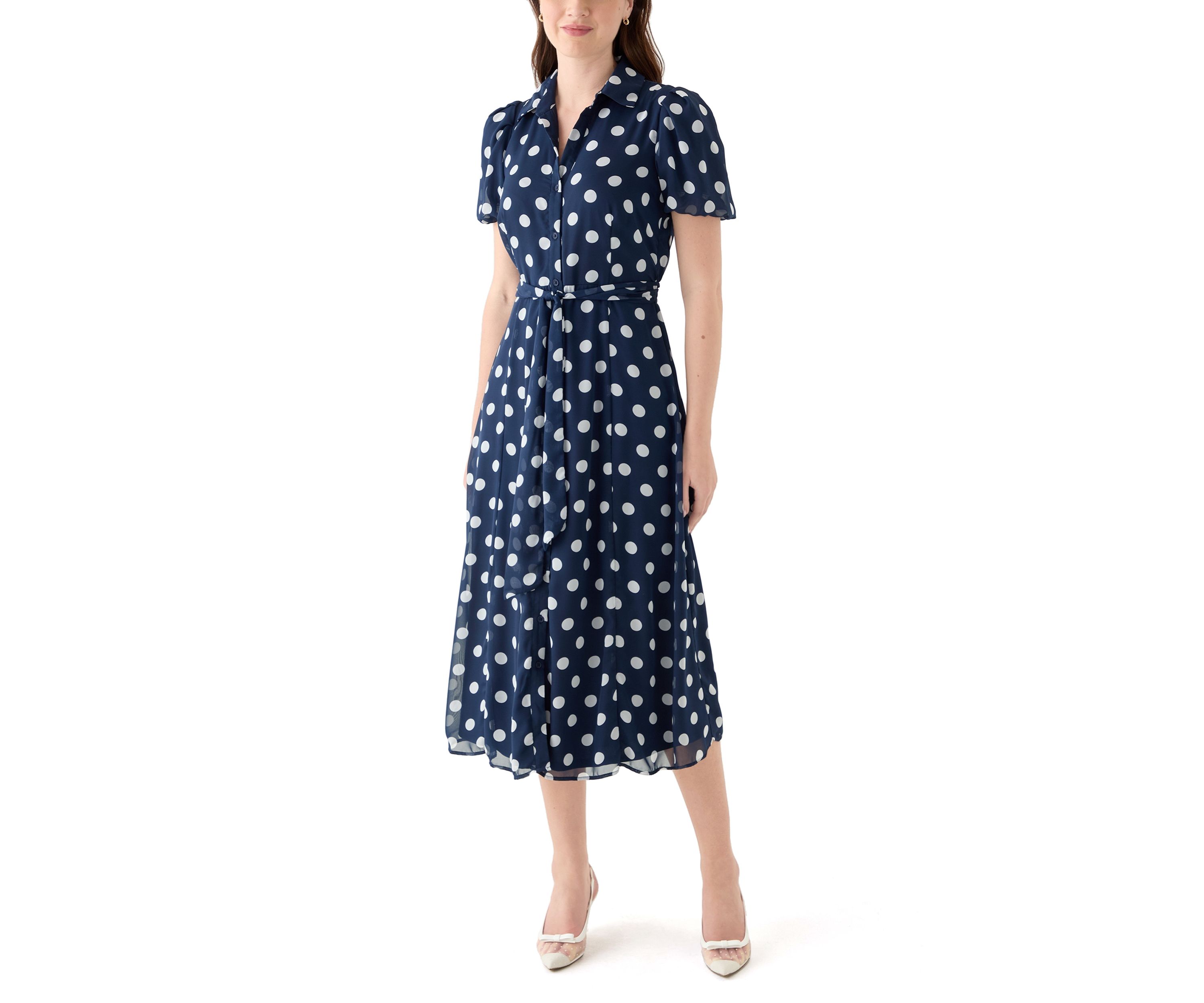 Womens Dot Printed Button Front Chiffon Dress