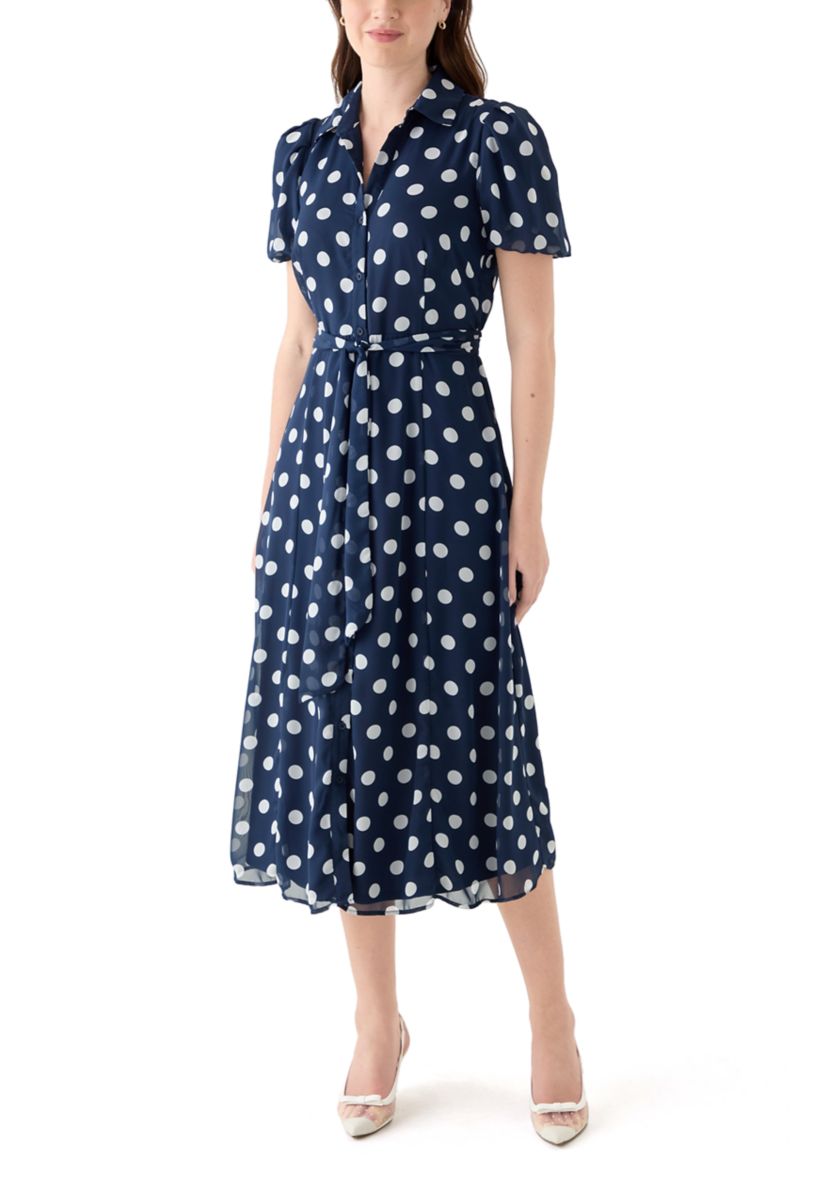 Womens Dot Printed Button Front Chiffon Dress