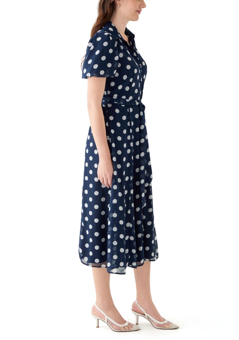 Womens Dot Printed Button Front Chiffon Dress