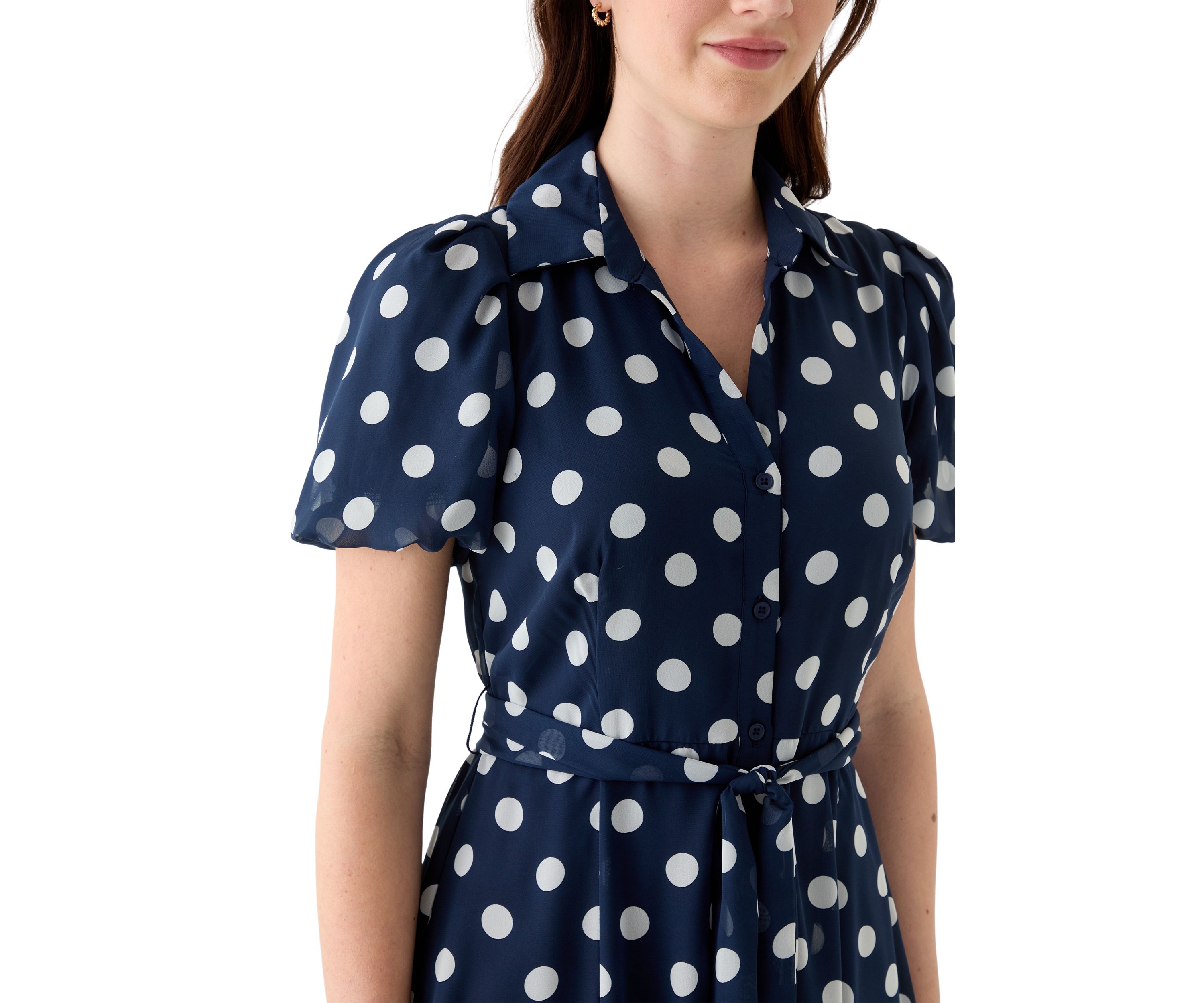 Womens Dot Printed Button Front Chiffon Dress