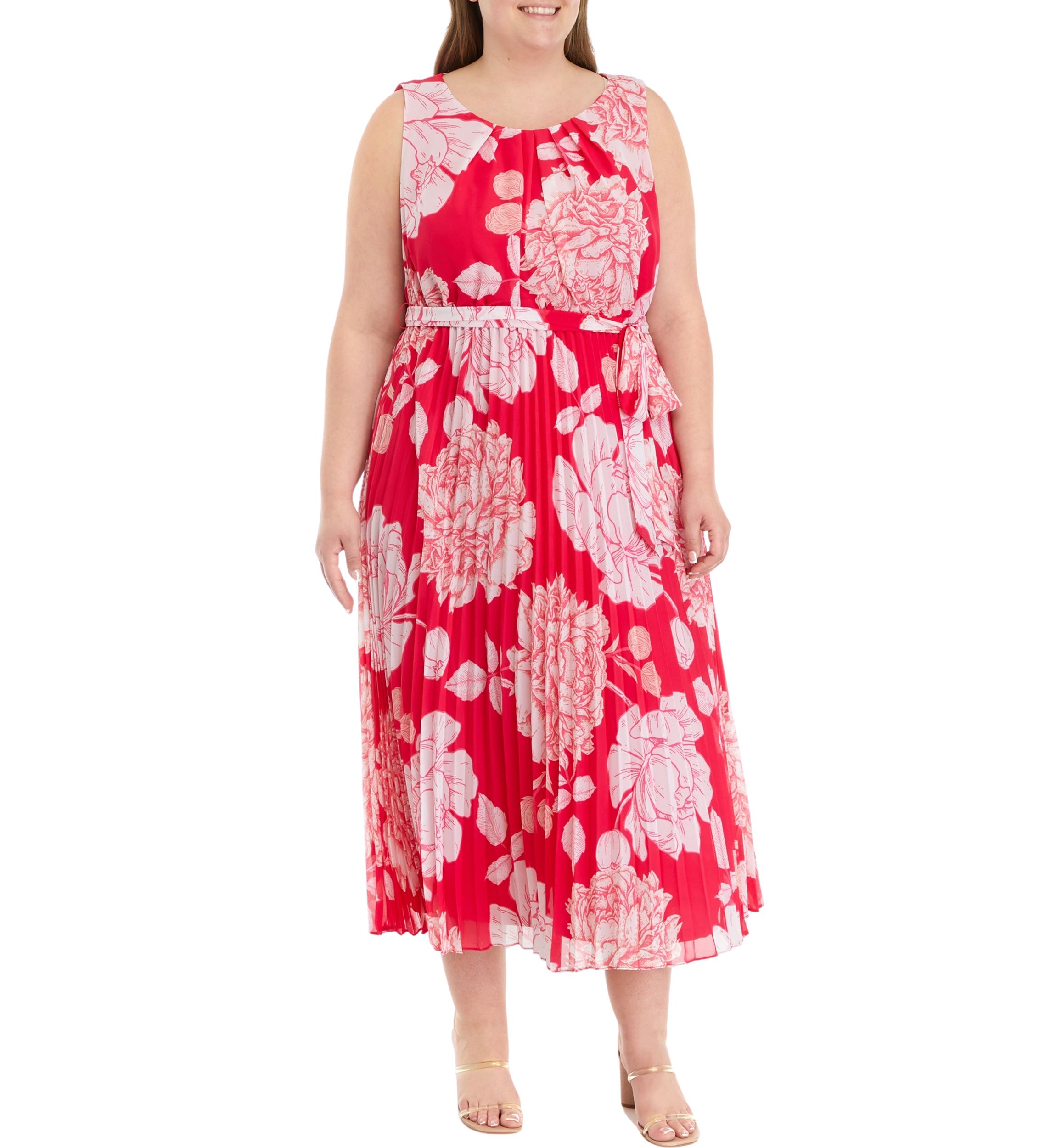 Plus Size Sleeveless Pleated Floral Print Midi Dress