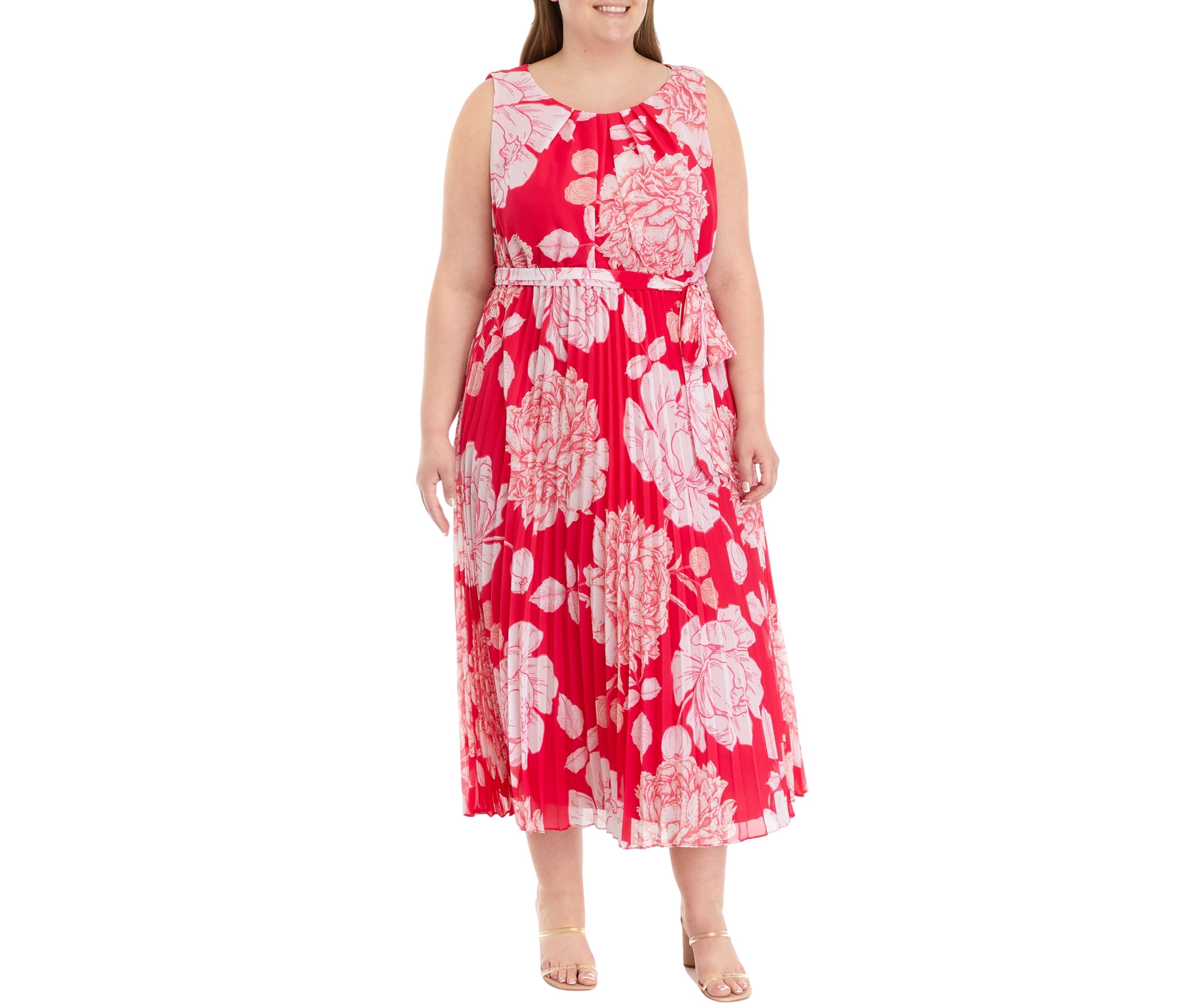 Plus Size Sleeveless Pleated Floral Print Midi Dress