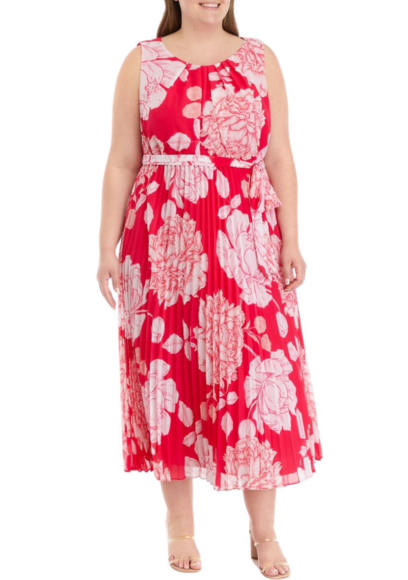 Plus Size Sleeveless Pleated Floral Print Midi Dress