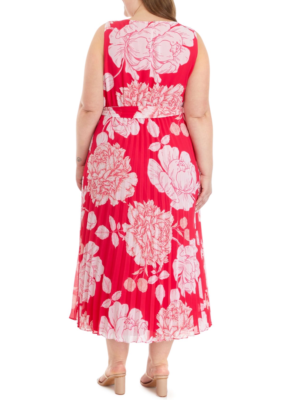 Plus Size Sleeveless Pleated Floral Print Midi Dress