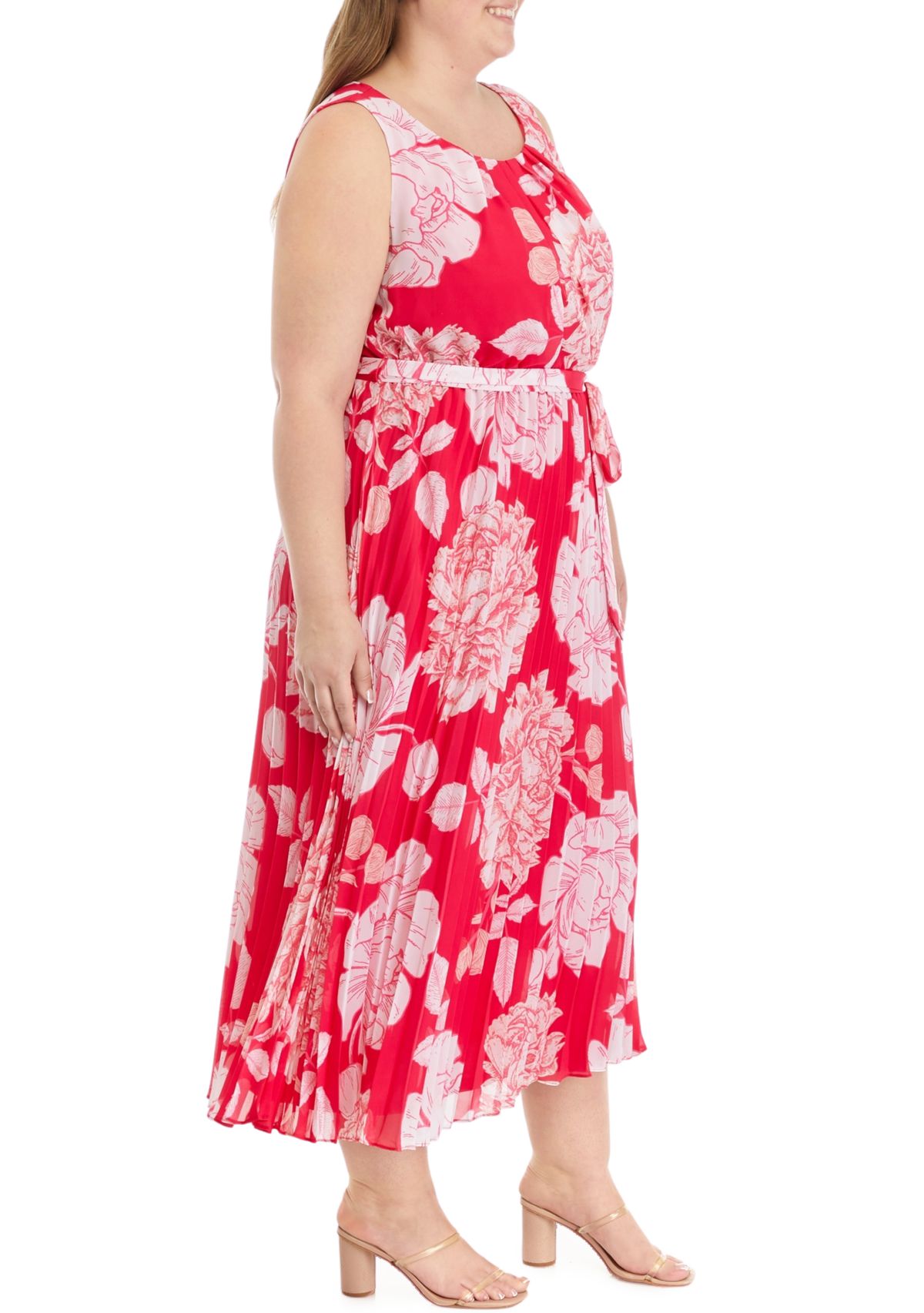 Plus Size Sleeveless Pleated Floral Print Midi Dress