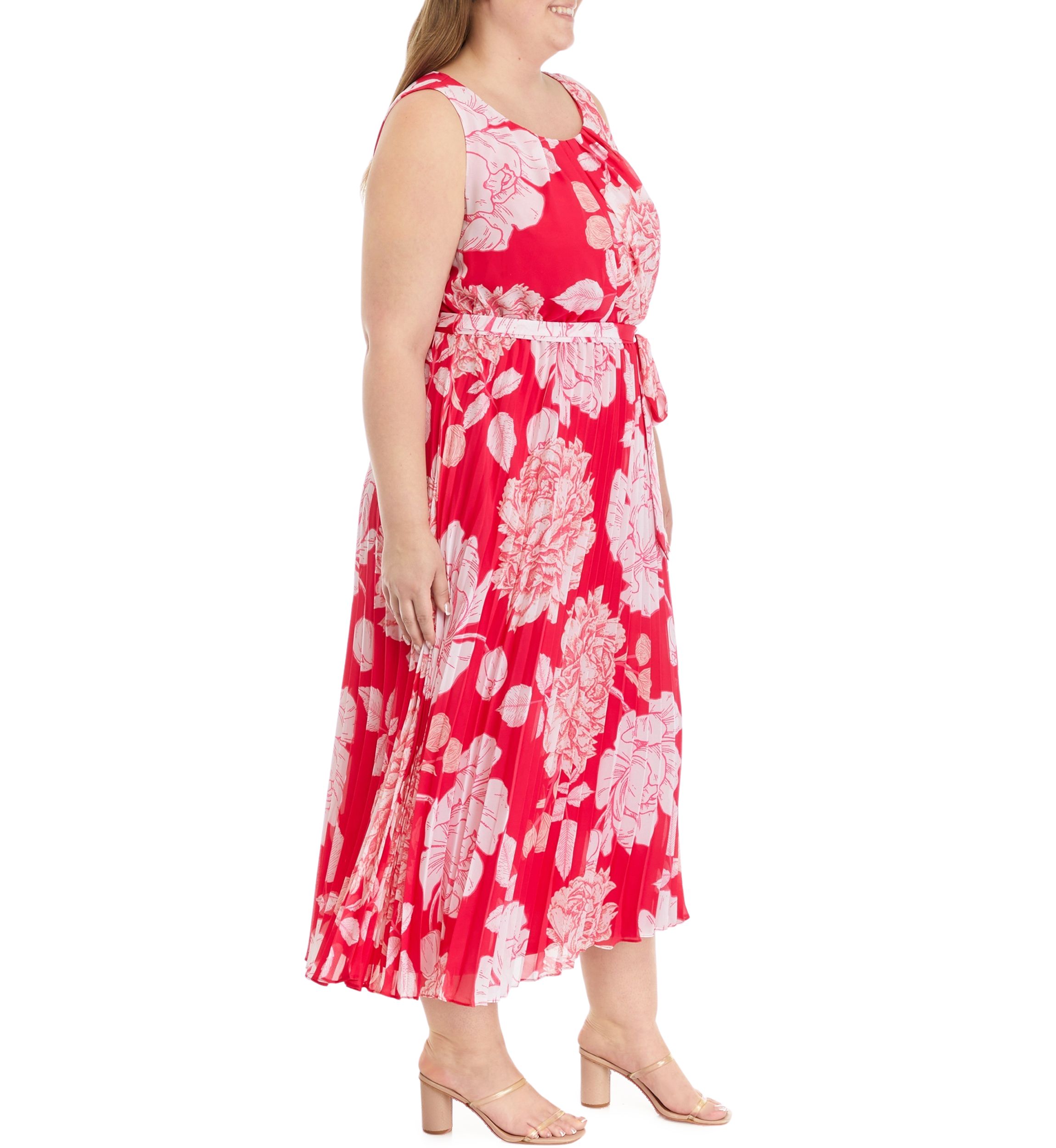 Plus Size Sleeveless Pleated Floral Print Midi Dress