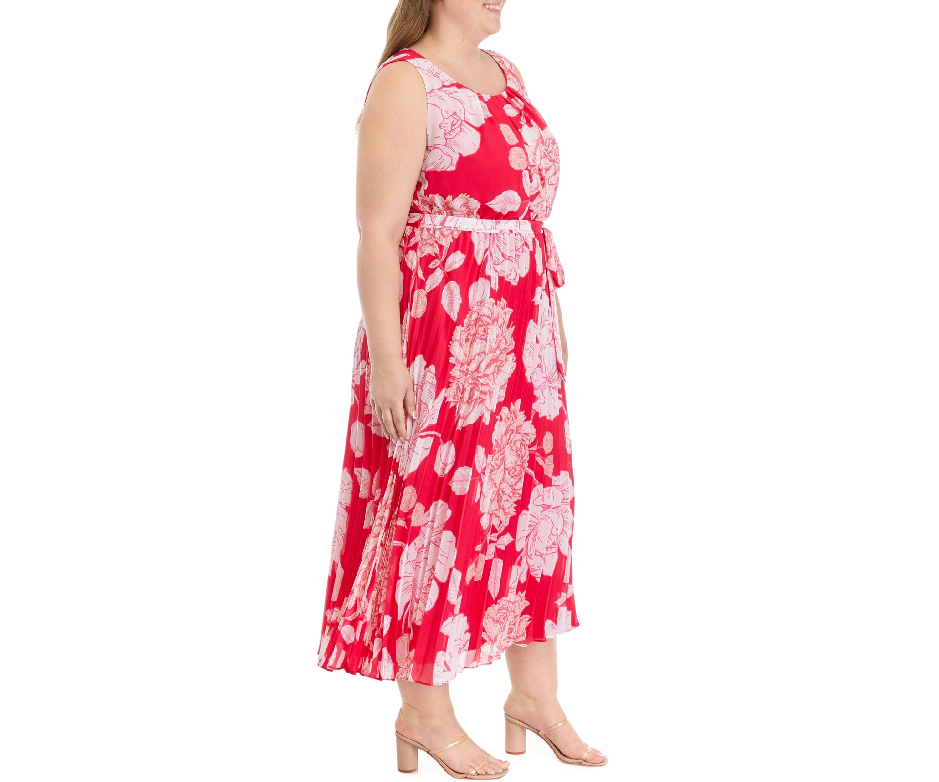 Plus Size Sleeveless Pleated Floral Print Midi Dress